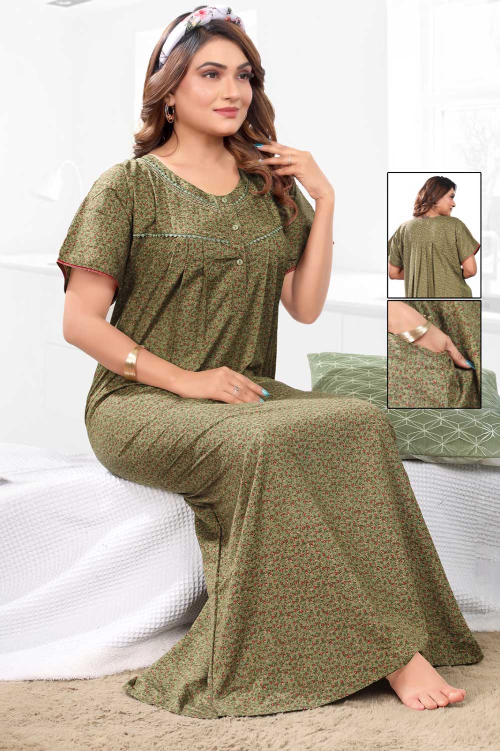 Naidu Hall Women’s Printed Pleated Nighty – Relax Fit Poly Viscose Full Length Nightwear with Round Neck | Comfortable Daily Wear - 3441