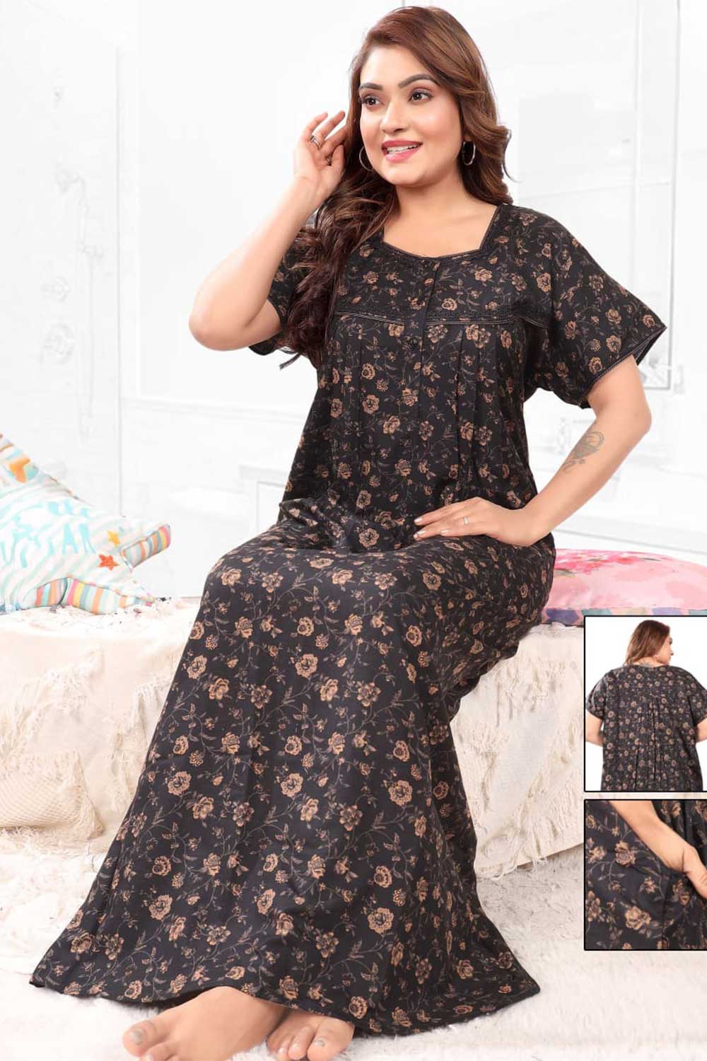 Naidu Hall Women’s Printed Pleated Nighty – Relax Fit Poly Viscose Full Length Nightwear with Round Neck | Comfortable Daily Wear - 3444