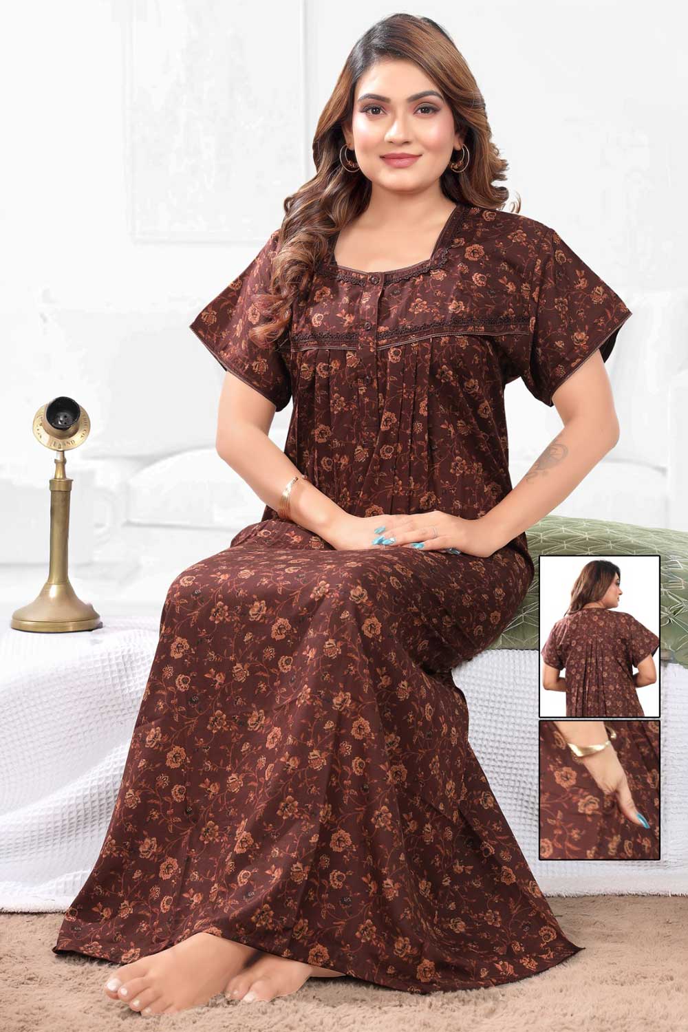 Naidu Hall Women’s Printed Pleated Nighty – Relax Fit Poly Viscose Full Length Nightwear with Round Neck | Comfortable Daily Wear - 3444