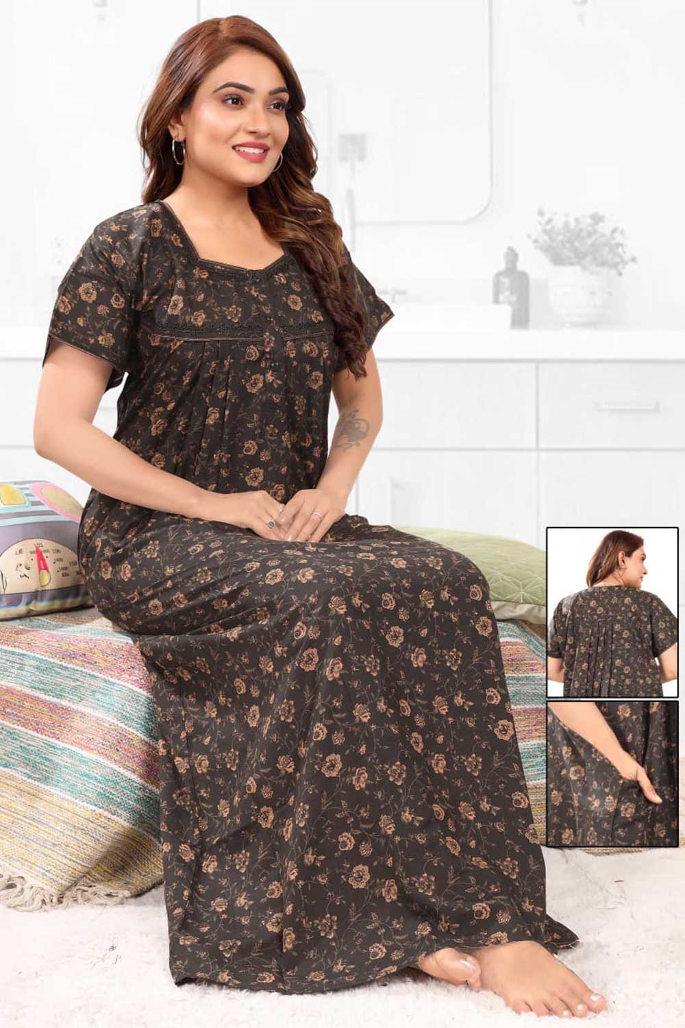 Naidu Hall Women’s Printed Pleated Nighty – Relax Fit Poly Viscose Full Length Nightwear with Round Neck | Comfortable Daily Wear - 3444