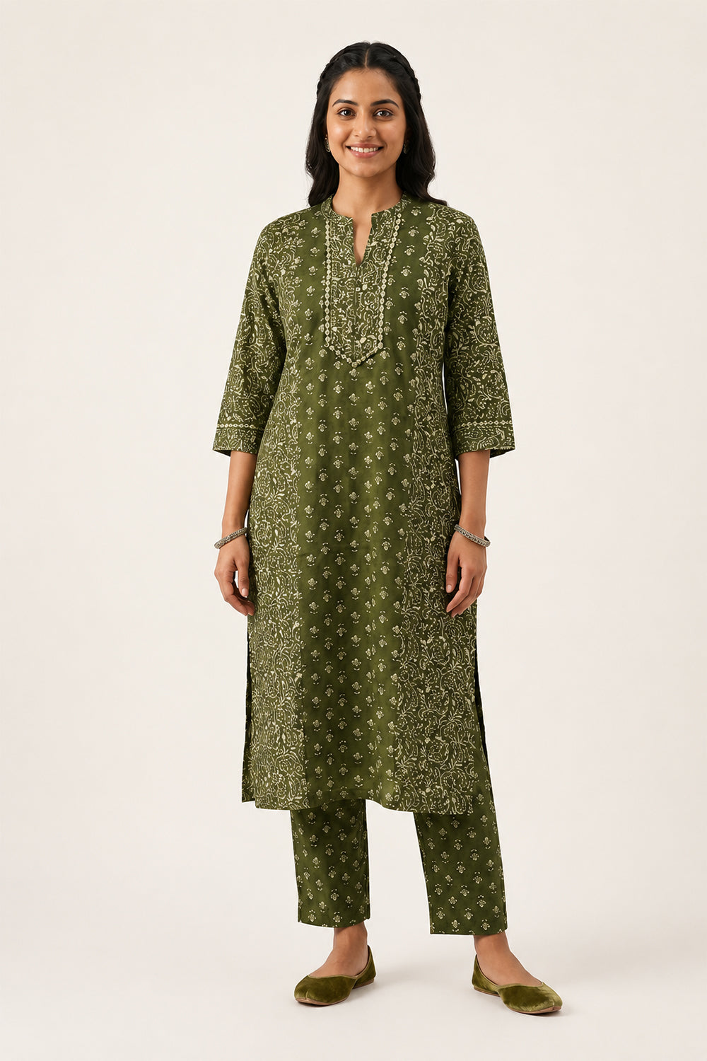 Women’s Cotton Blend Printed Kurti Set | Below Knee Kurta Set with 3/4 Sleeves | Regular Fit Ethnic Co-ord Set for Daily Office & Casual Wear - 3445