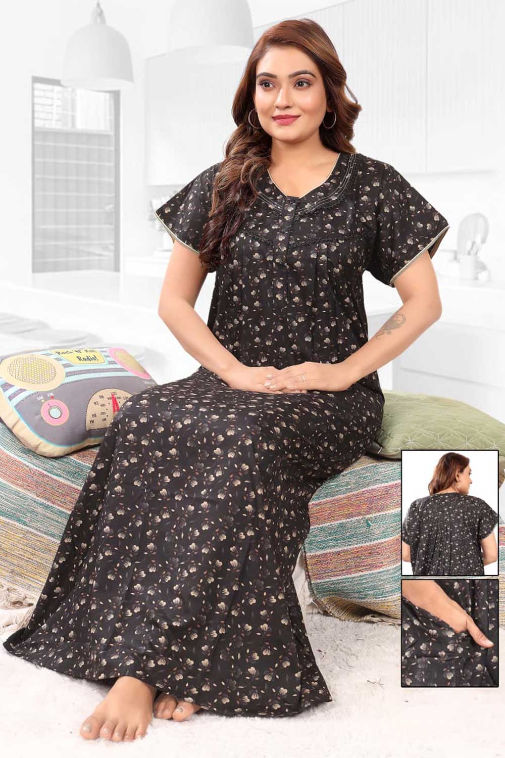 Naidu Hall Women’s Printed Pleated Nighty – Relax Fit Poly Viscose Full Length Nightwear with Round Neck | Comfortable Daily Wear - 3446