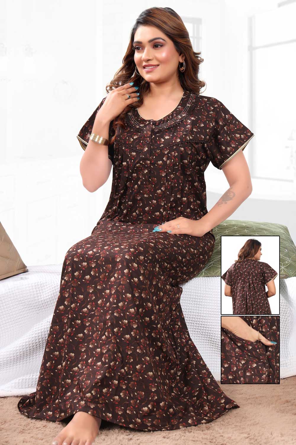 Naidu Hall Women’s Printed Pleated Nighty – Relax Fit Poly Viscose Full Length Nightwear with Round Neck | Comfortable Daily Wear - 3446