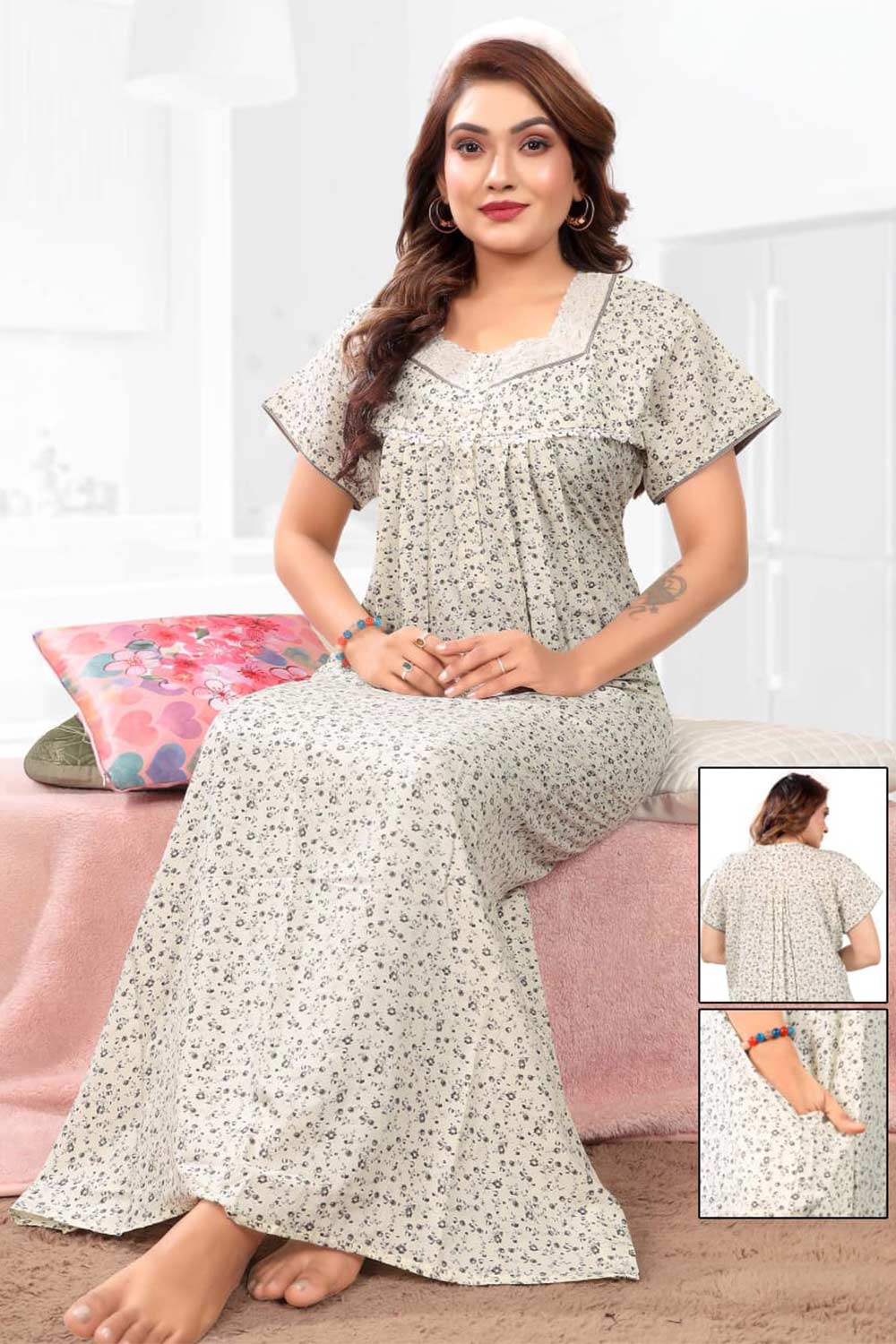 Naidu Hall Women’s Printed Pleated Nighty – Relax Fit Poly Viscose Full Length Nightwear with Round Neck | Comfortable Daily Wear - 3447