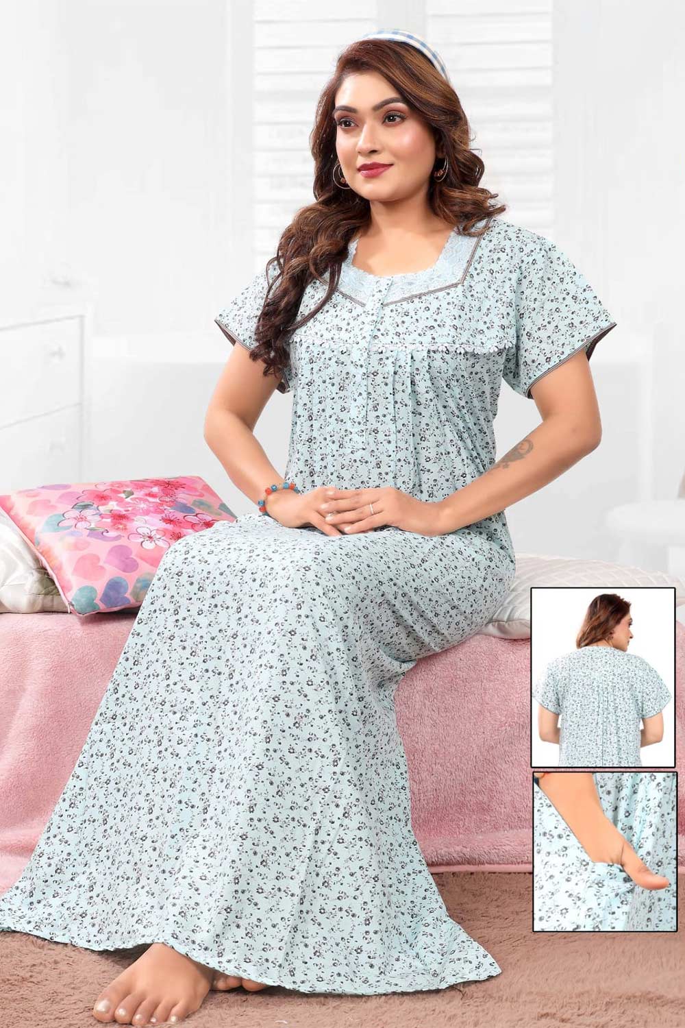 Naidu Hall Women’s Printed Pleated Nighty – Relax Fit Poly Viscose Full Length Nightwear with Round Neck | Comfortable Daily Wear - 3447