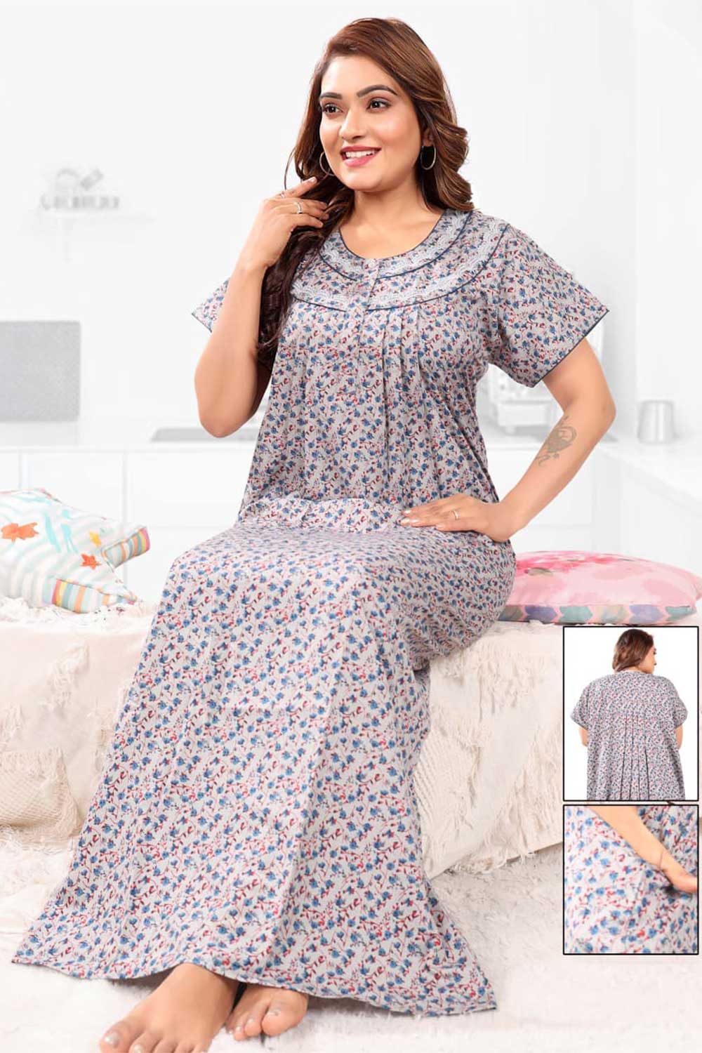 Naidu Hall Women’s Printed Pleated Nighty – Relax Fit Poly Viscose Full Length Nightwear with Round Neck | Comfortable Daily Wear - 3448