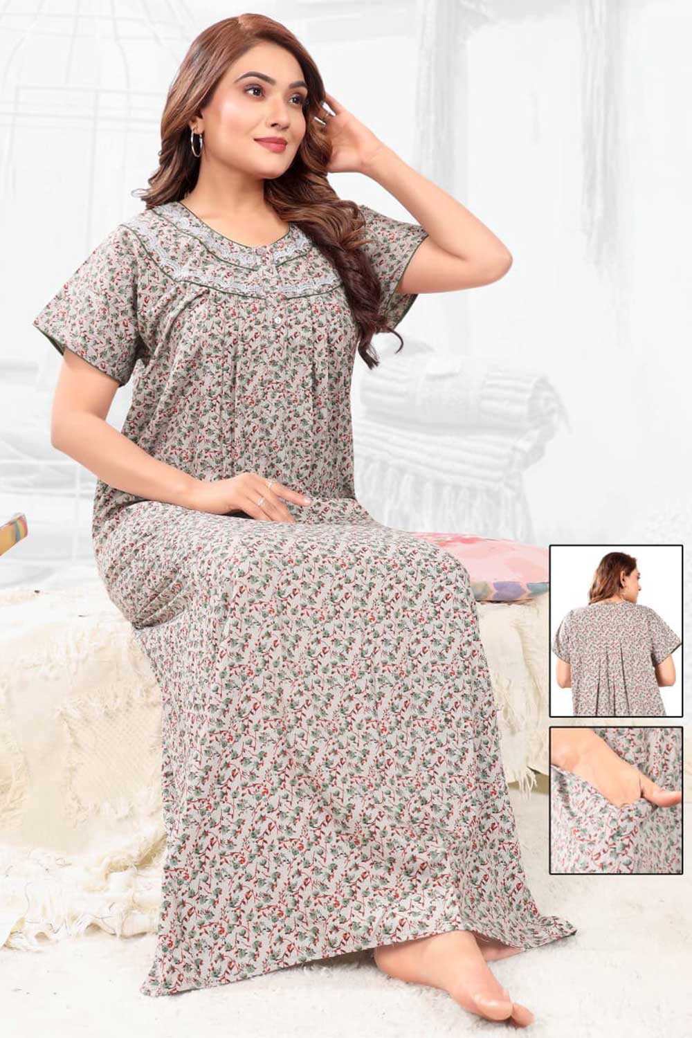 Naidu Hall Women’s Printed Pleated Nighty – Relax Fit Poly Viscose Full Length Nightwear with Round Neck | Comfortable Daily Wear - 3448