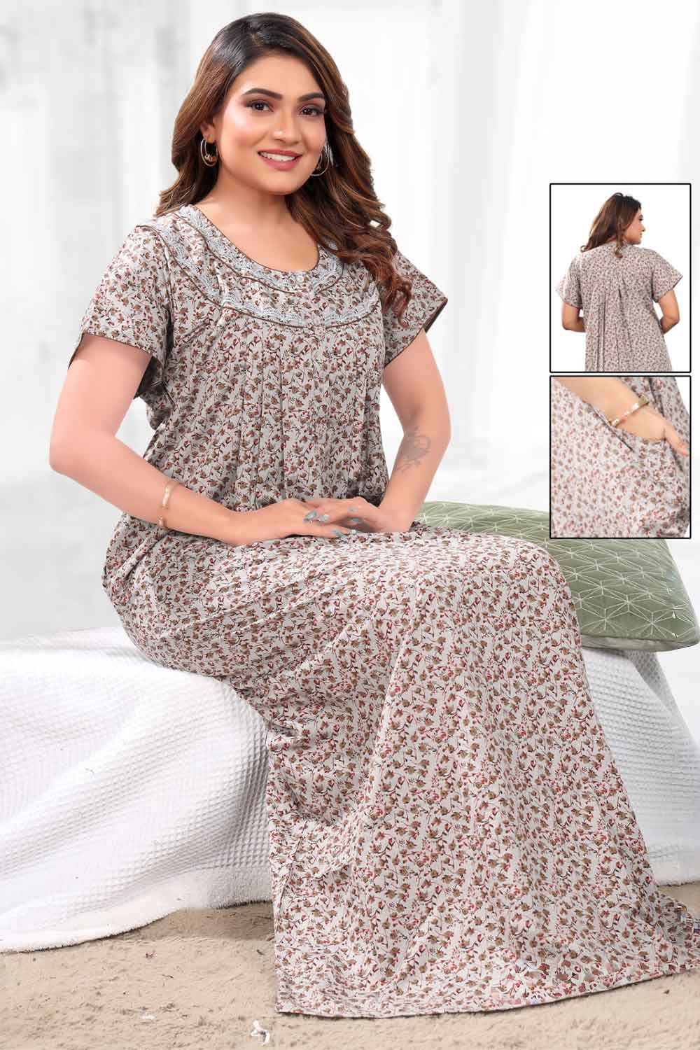 Naidu Hall Women’s Printed Pleated Nighty – Relax Fit Poly Viscose Full Length Nightwear with Round Neck | Comfortable Daily Wear - 3448