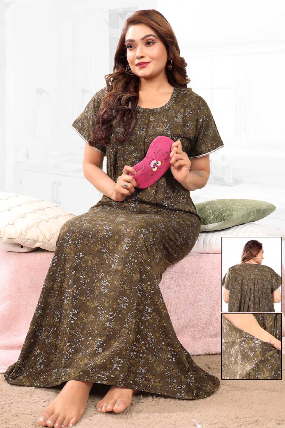 Naidu Hall Women’s Printed Pleated Nighty – Relax Fit Poly Viscose Full Length Nightwear with Round Neck | Comfortable Daily Wear - 3449