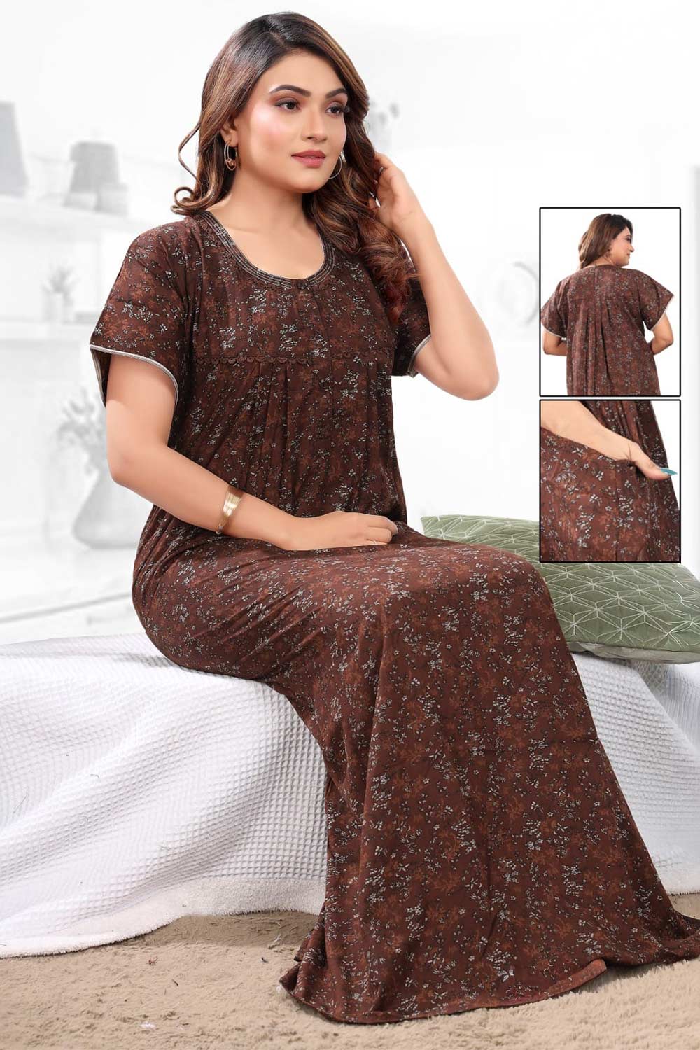 Naidu Hall Women’s Printed Pleated Nighty – Relax Fit Poly Viscose Full Length Nightwear with Round Neck | Comfortable Daily Wear - 3449