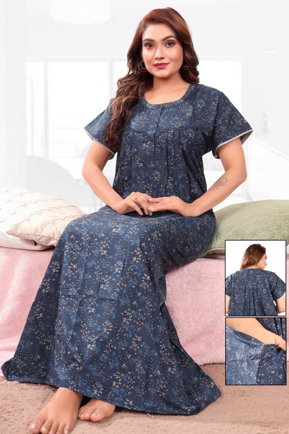 Naidu Hall Women’s Printed Pleated Nighty – Relax Fit Poly Viscose Full Length Nightwear with Round Neck | Comfortable Daily Wear - 3449