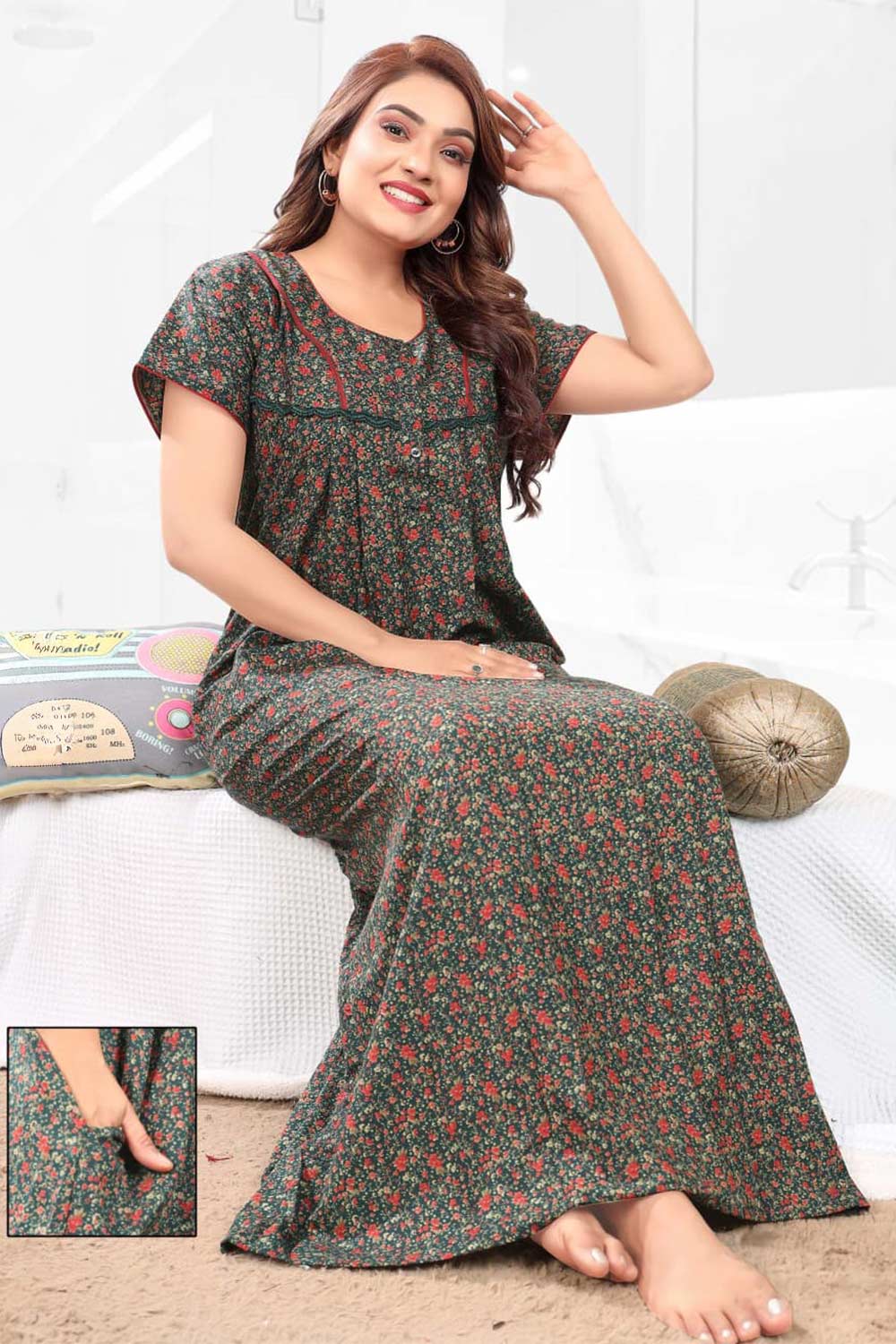 Naidu Hall Women’s Printed Pleated Nighty – Relax Fit Poly Viscose Full Length Nightwear with Round Neck | Comfortable Daily Wear - 3488
