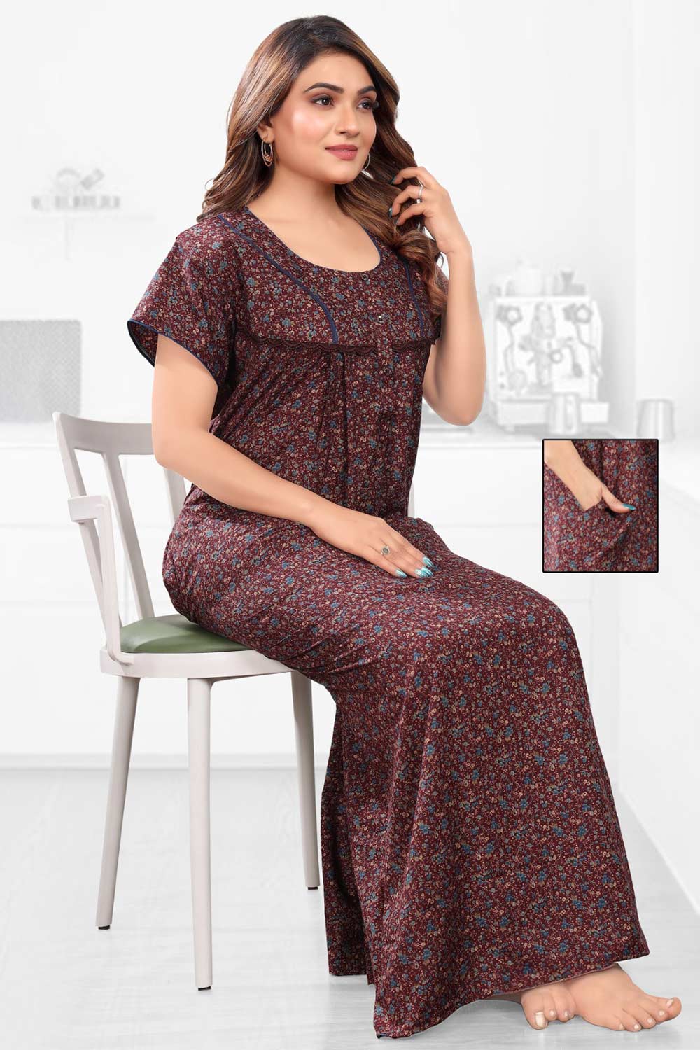 Naidu Hall Women’s Printed Pleated Nighty – Relax Fit Poly Viscose Full Length Nightwear with Round Neck | Comfortable Daily Wear - 3488