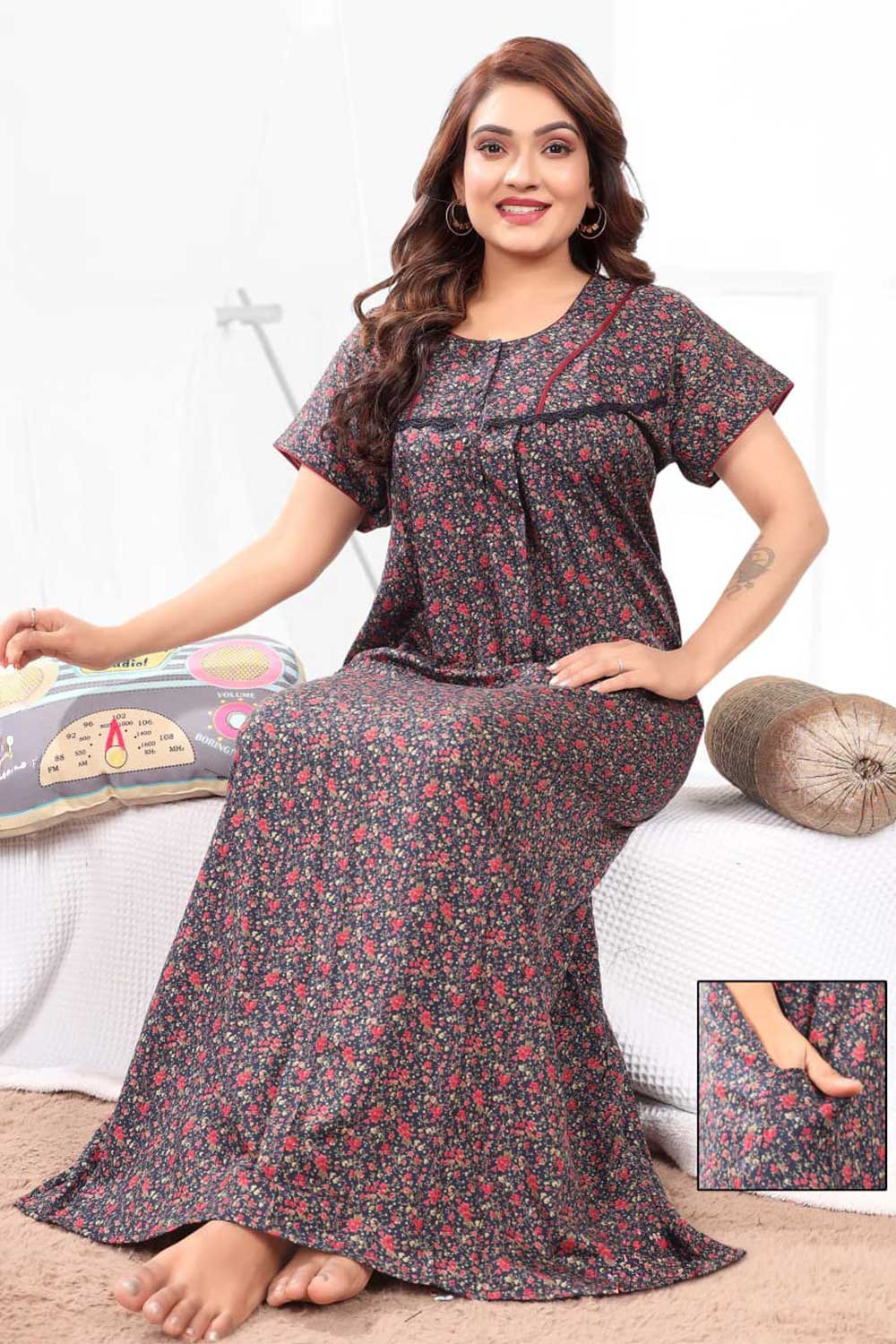 Naidu Hall Women’s Printed Pleated Nighty – Relax Fit Poly Viscose Full Length Nightwear with Round Neck | Comfortable Daily Wear - 3488