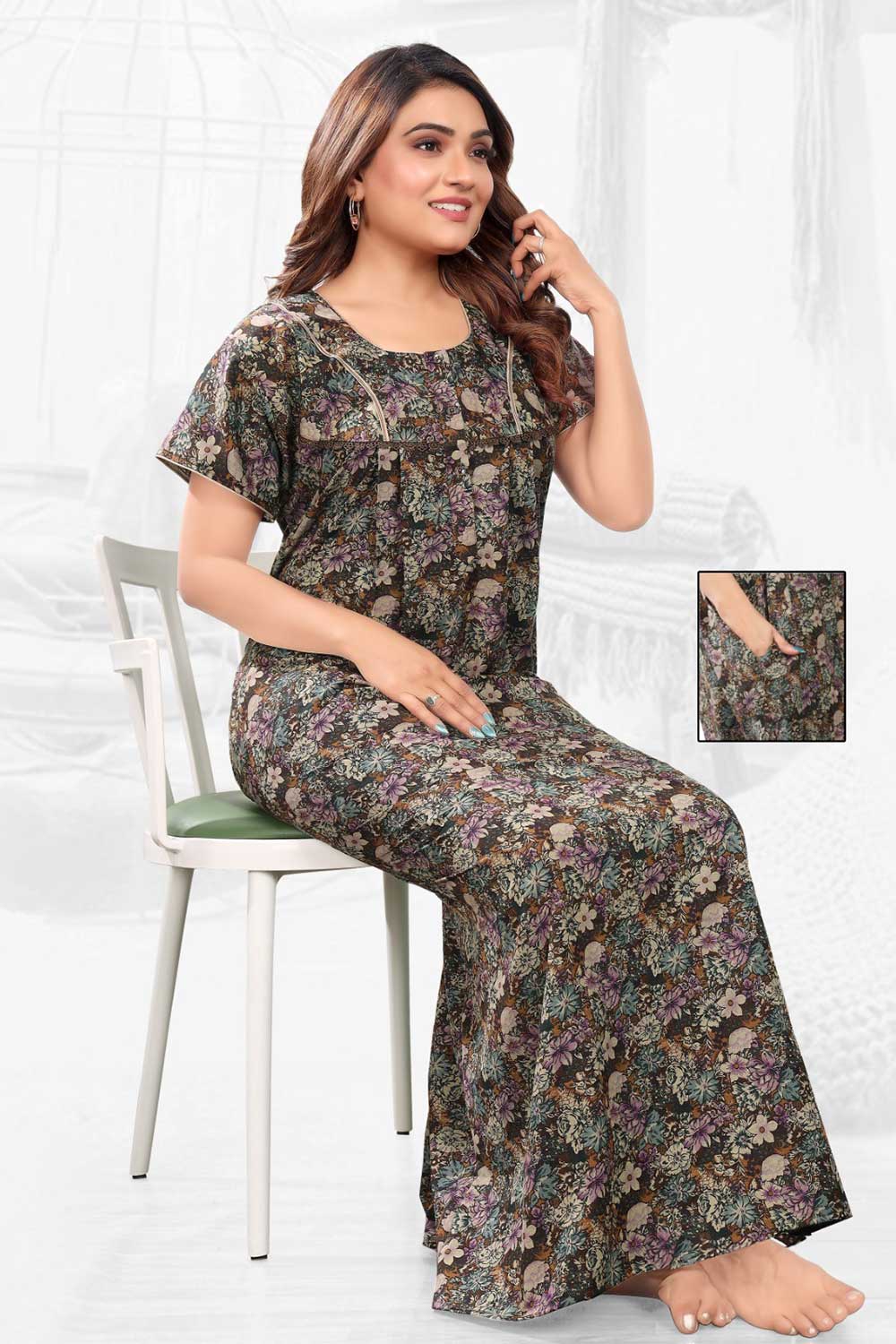 Naidu Hall Women’s Printed Pleated Nighty – Relax Fit Poly Viscose Full Length Nightwear with Round Neck | Comfortable Daily Wear - 3489