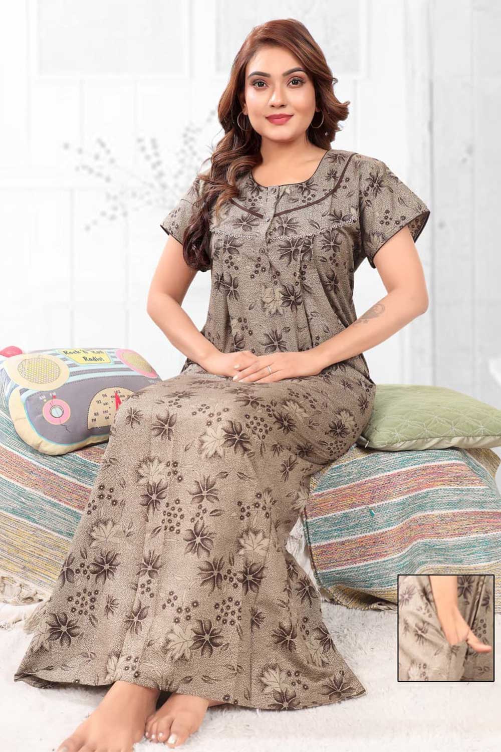 Naidu Hall Women’s Printed Pleated Nighty – Relax Fit Poly Viscose Full Length Nightwear with Round Neck | Comfortable Daily Wear - 3492