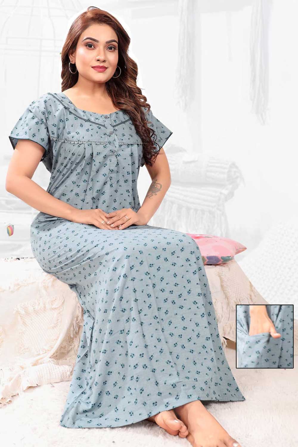 Naidu Hall Women’s Printed Pleated Nighty – Relax Fit Poly Viscose Full Length Nightwear with Round Neck | Comfortable Daily Wear - 3494