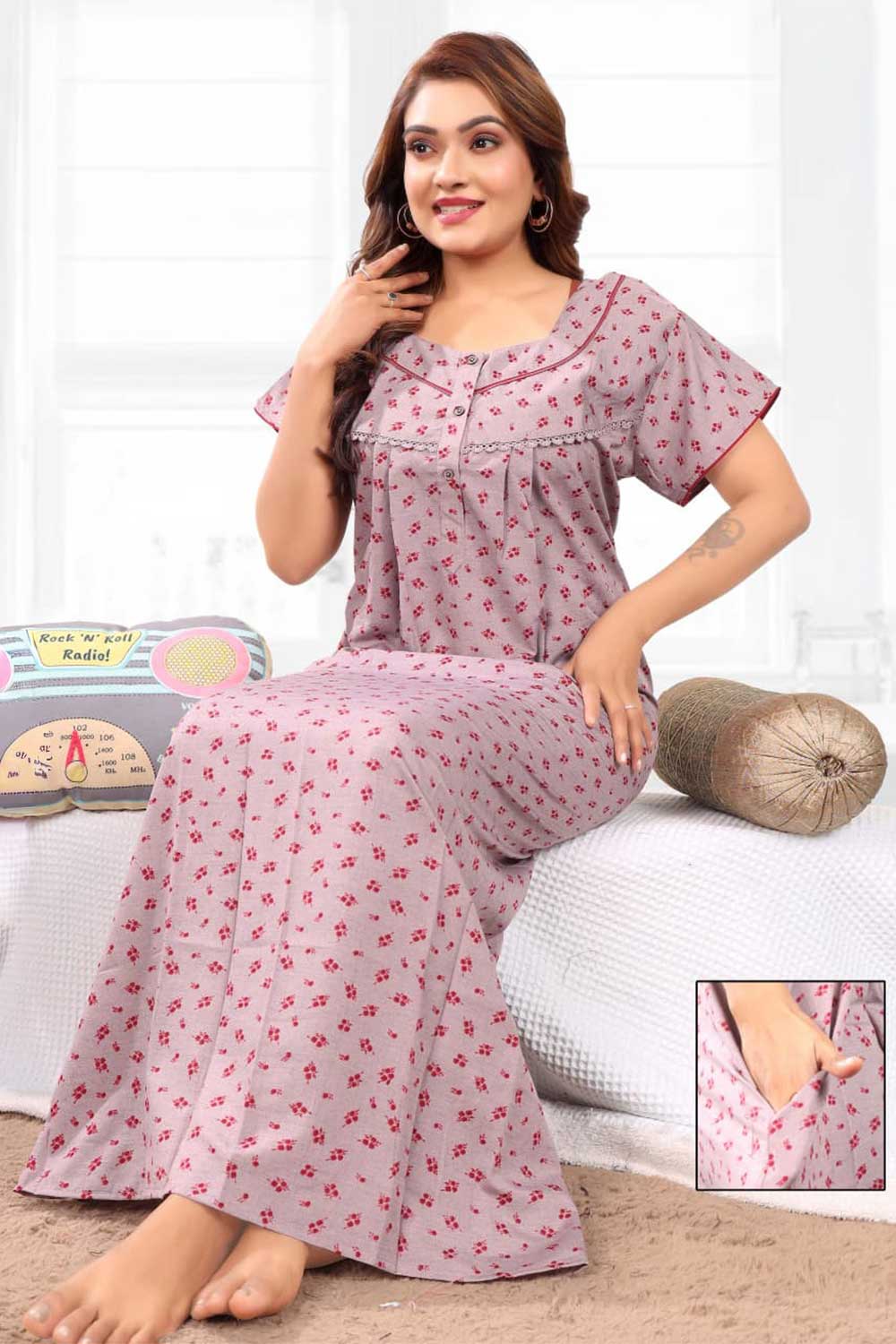 Naidu Hall Women’s Printed Pleated Nighty – Relax Fit Poly Viscose Full Length Nightwear with Round Neck | Comfortable Daily Wear - 3494