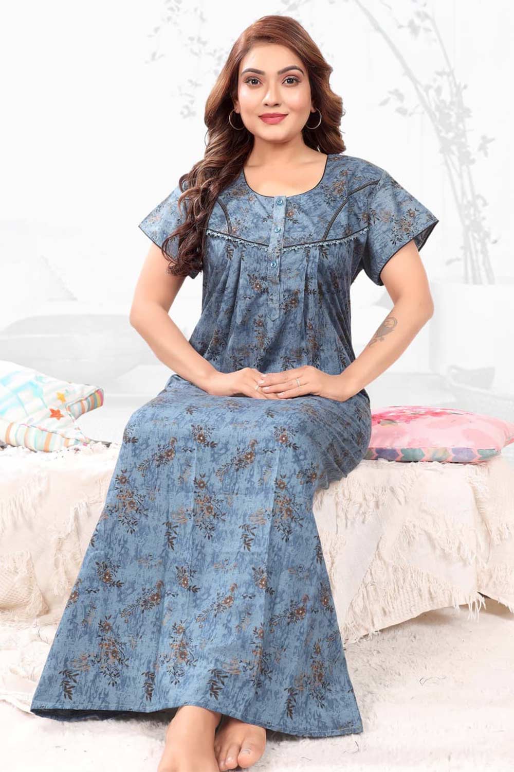 Naidu Hall Women’s Printed Pleated Nighty – Relax Fit Poly Viscose Full Length Nightwear with Round Neck | Comfortable Daily Wear - 3501