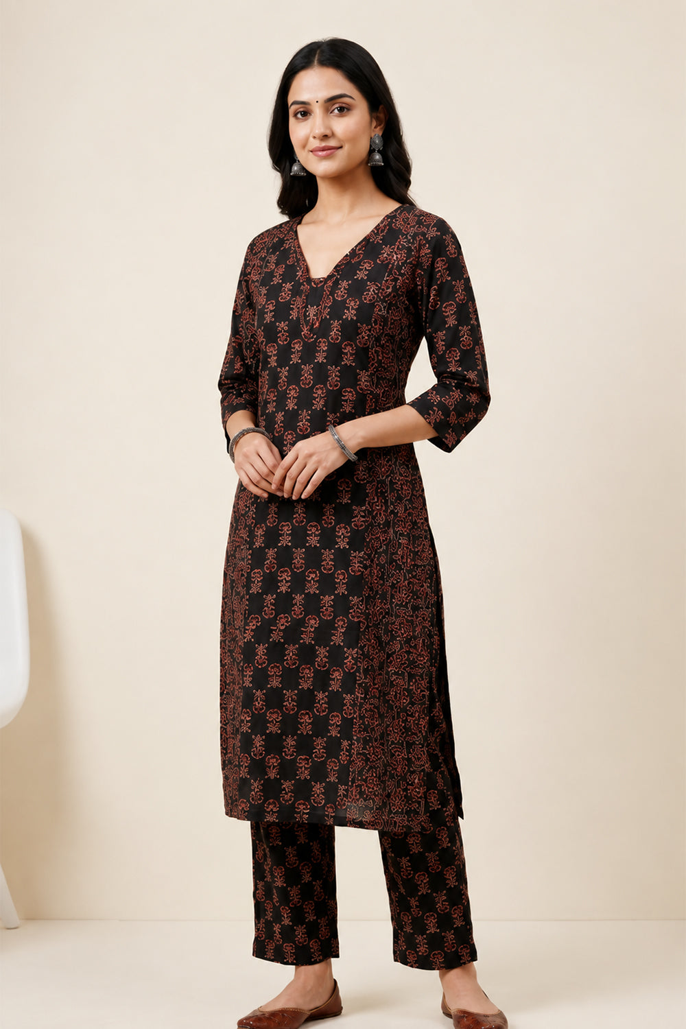 Women’s Cotton Blend Printed Kurti Set | V-Neck Below Knee Kurta Set with 3/4 Sleeves | Regular Fit Daily Office Casual Ethnic Wear for Women - 3503