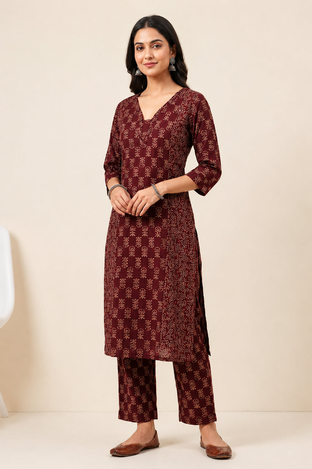 Women’s Cotton Blend Printed Kurti Set | V-Neck Below Knee Kurta Set with 3/4 Sleeves | Regular Fit Daily Office Casual Ethnic Wear for Women - 3503