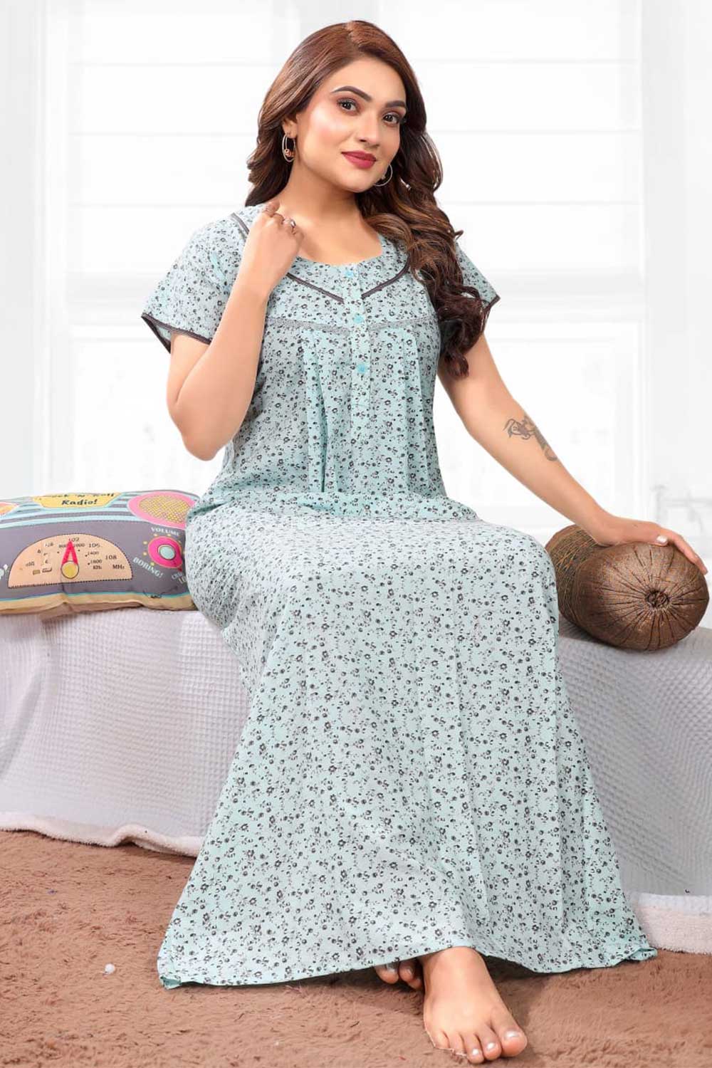 Naidu Hall Women’s Printed Pleated Nighty – Relax Fit Poly Viscose Full Length Nightwear with Round Neck | Comfortable Daily Wear - 3504