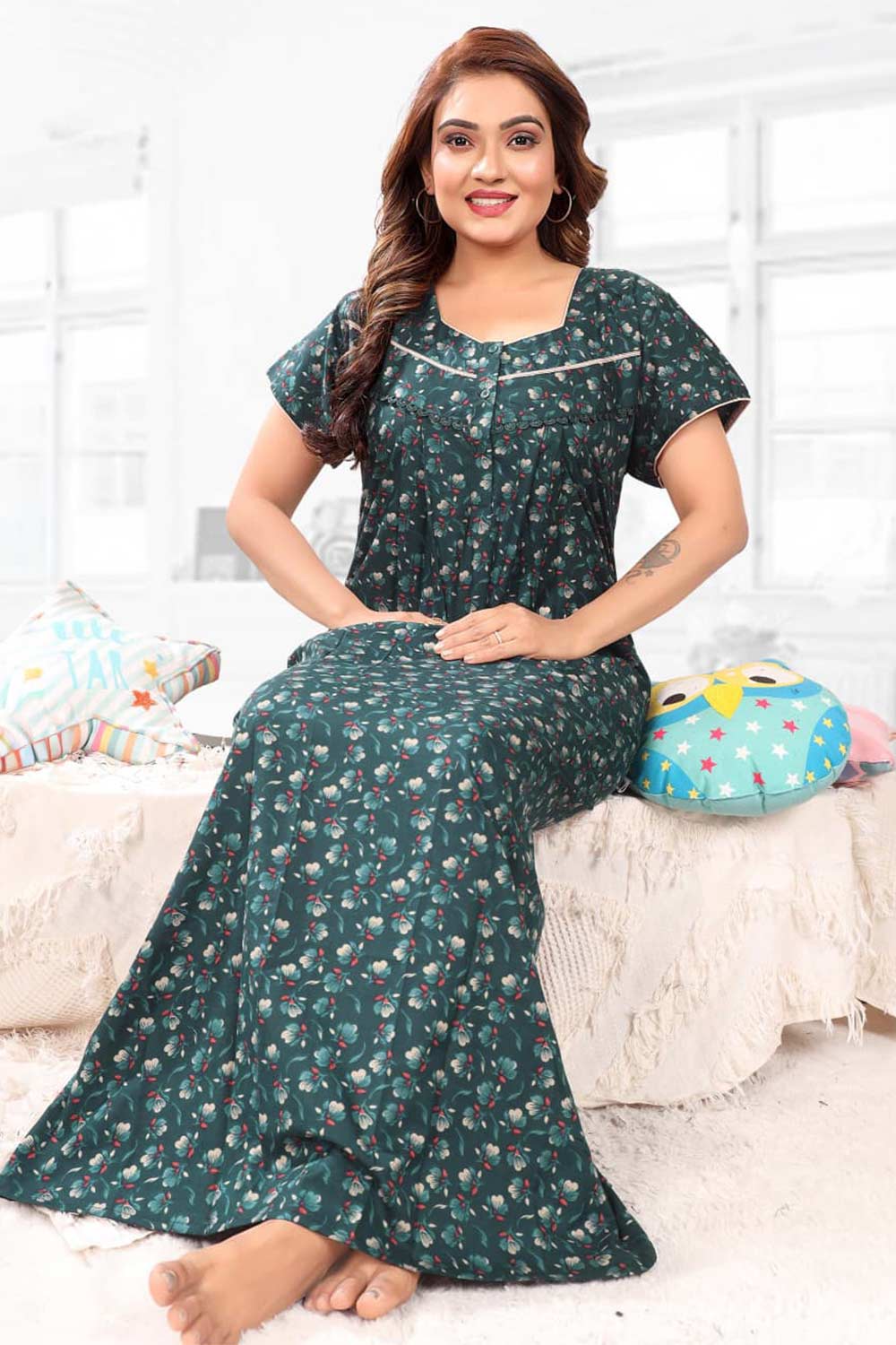 Naidu Hall Women’s Printed Pleated Nighty – Relax Fit Poly Viscose Full Length Nightwear with Round Neck | Comfortable Daily Wear - 3505