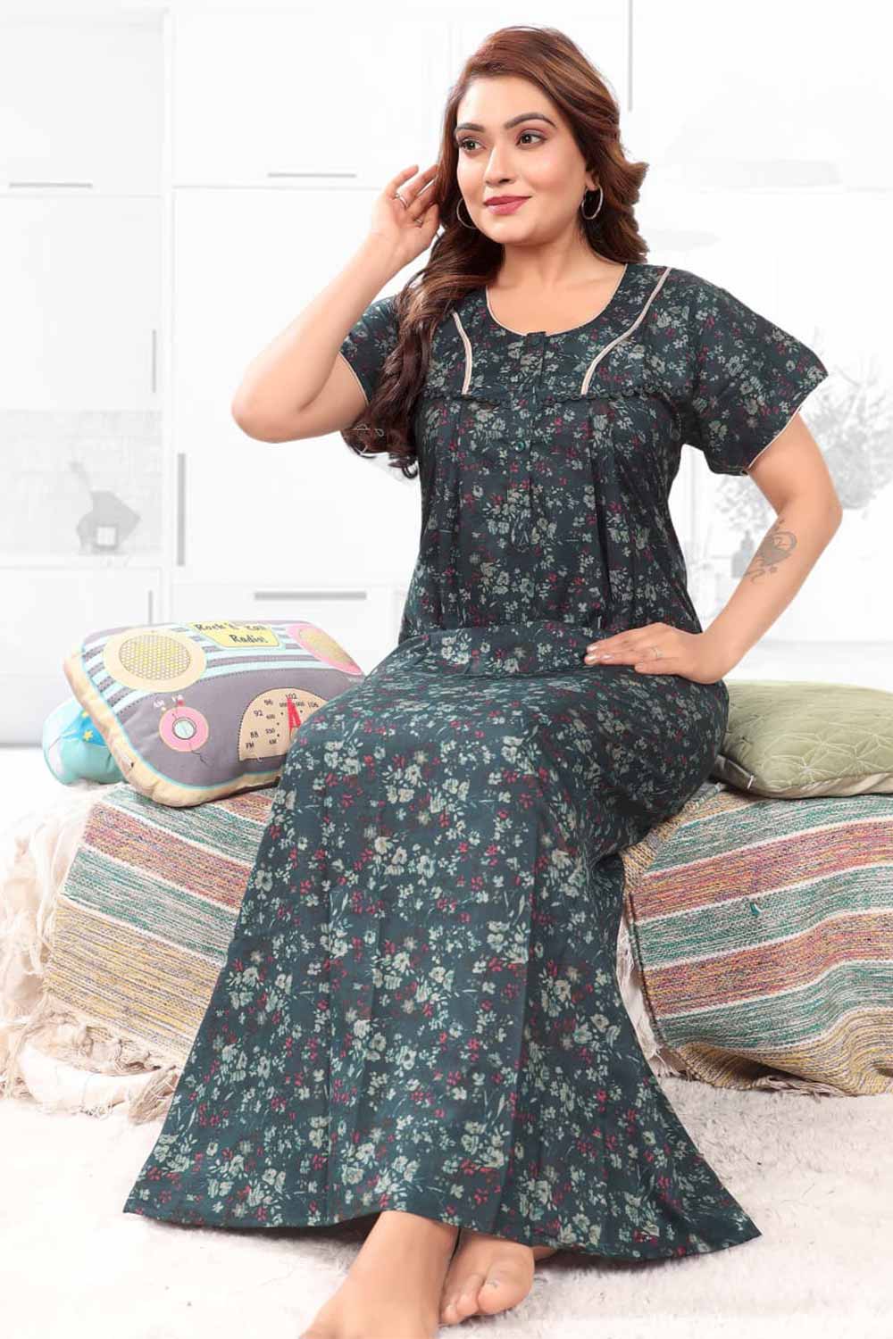 Naidu Hall Women’s Printed Pleated Nighty – Relax Fit Poly Viscose Full Length Nightwear with Round Neck | Comfortable Daily Wear - 3506