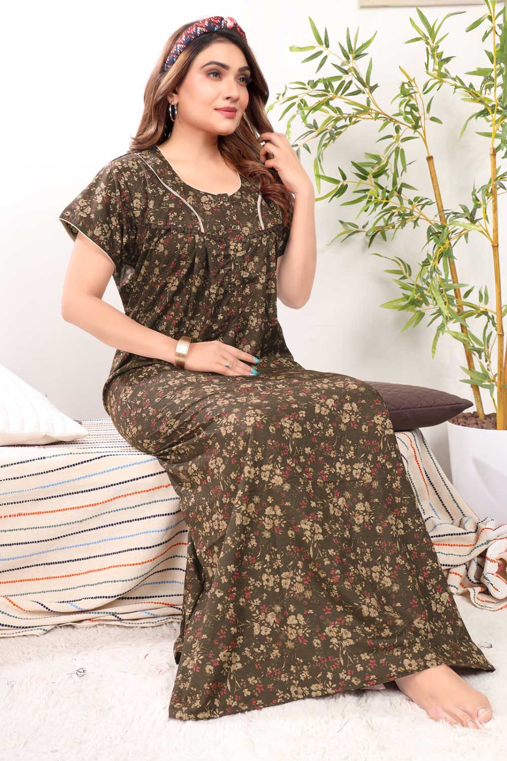 Naidu Hall Women’s Printed Pleated Nighty – Relax Fit Poly Viscose Full Length Nightwear with Round Neck | Comfortable Daily Wear - 3506