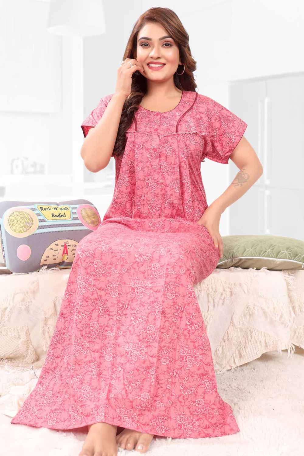 Naidu Hall Women’s Printed Pleated Nighty – Relax Fit Poly Viscose Full Length Nightwear with Round Neck | Comfortable Daily Wear - 3507