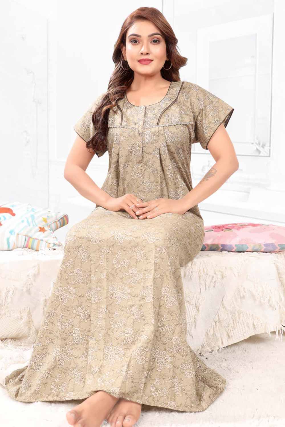 Naidu Hall Women’s Printed Pleated Nighty – Relax Fit Poly Viscose Full Length Nightwear with Round Neck | Comfortable Daily Wear - 3507