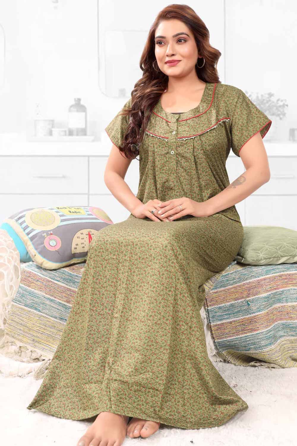 Naidu Hall Women’s Printed Pleated Nighty – Relax Fit Poly Viscose Full Length Nightwear with Round Neck | Comfortable Daily Wear - 3508