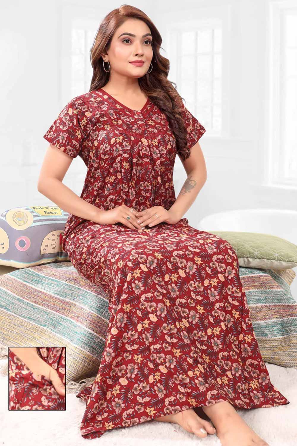 Naidu Hall Women’s Printed Pleated Nighty – Relax Fit Poly Viscose Full Length Nightwear with Round Neck | Comfortable Daily Wear - 3511