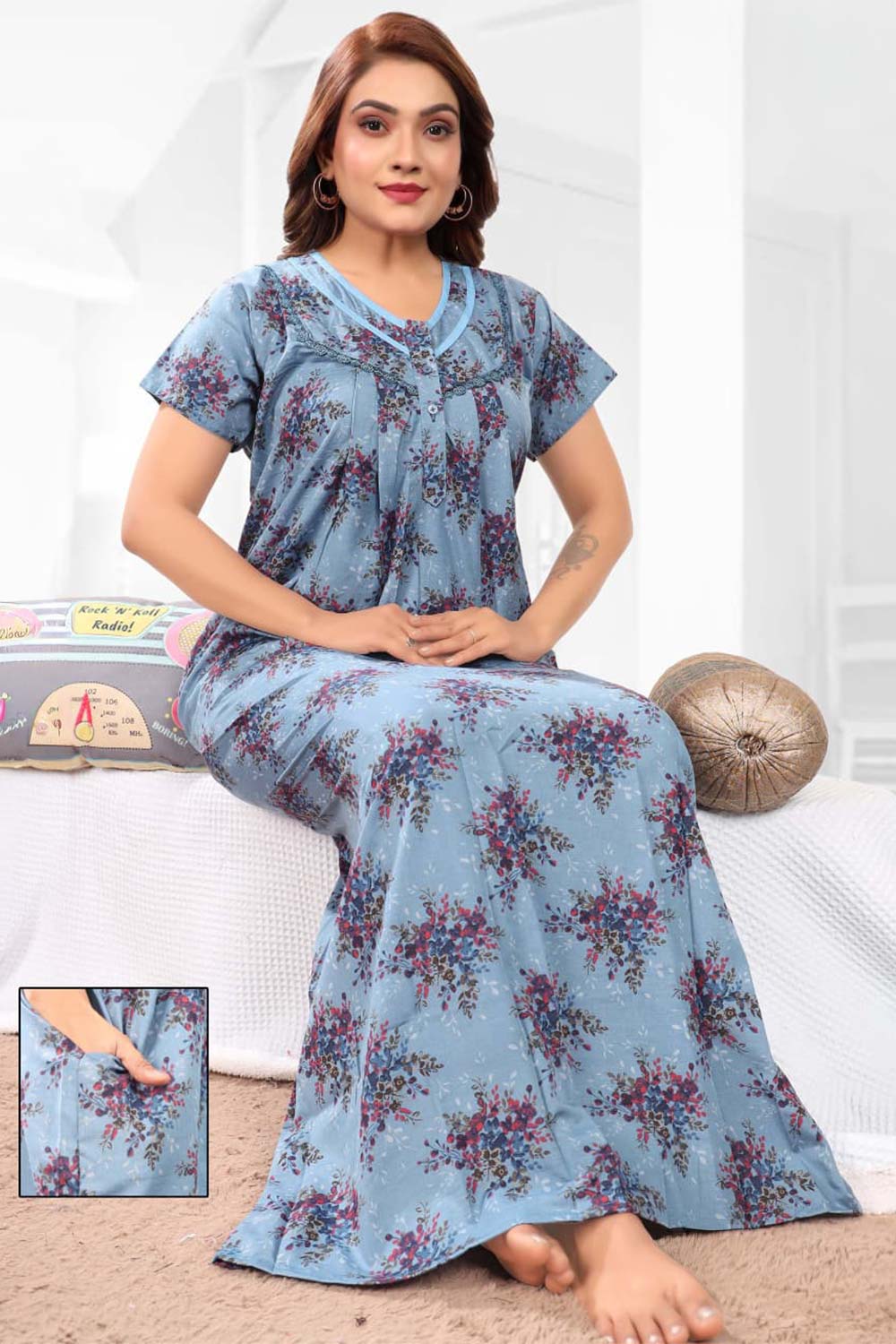 Naidu Hall Women’s Printed Pleated Nighty – Relax Fit Poly Viscose Full Length Nightwear with Round Neck | Comfortable Daily Wear - 3515
