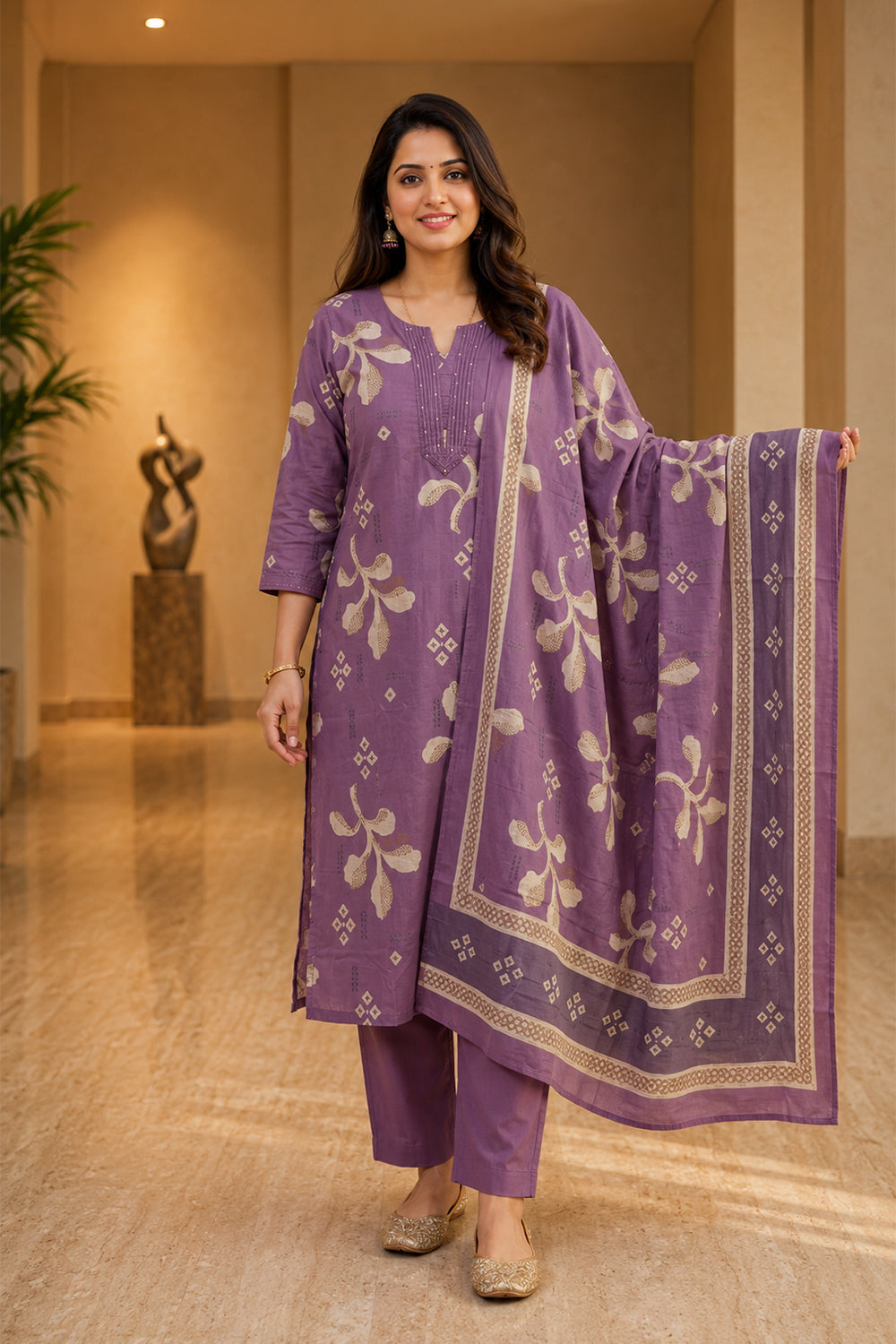 Women’s Cotton Blend Printed Chudidar | Round V-Cut Neck Below Knee Kurta with 3/4 Sleeves | Regular Fit Daily Office & Casual Ethnic Wear - 3517