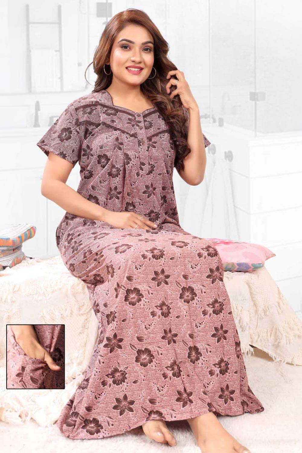 Naidu Hall Women’s Printed Pleated Nighty – Relax Fit Poly Viscose Full Length Nightwear with Round Neck | Comfortable Daily Wear - 3520