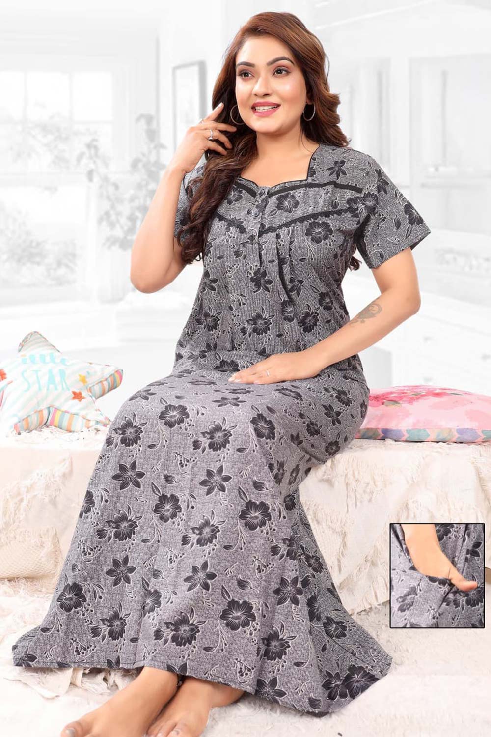 Naidu Hall Women’s Printed Pleated Nighty – Relax Fit Poly Viscose Full Length Nightwear with Round Neck | Comfortable Daily Wear - 3520