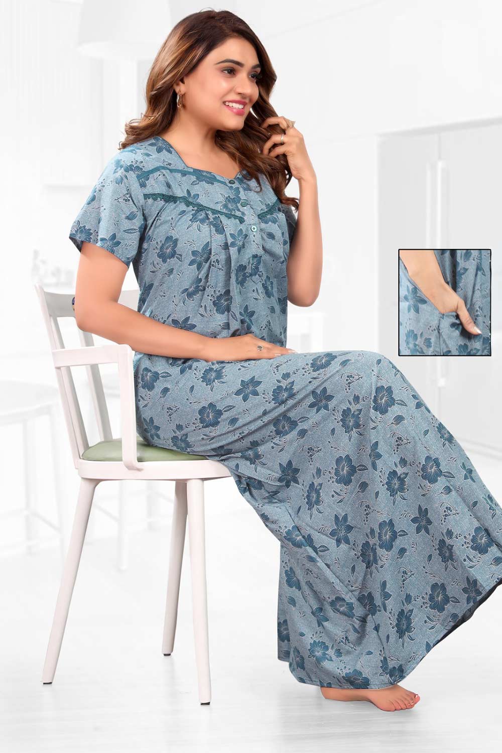 Naidu Hall Women’s Printed Pleated Nighty – Relax Fit Poly Viscose Full Length Nightwear with Round Neck | Comfortable Daily Wear - 3520