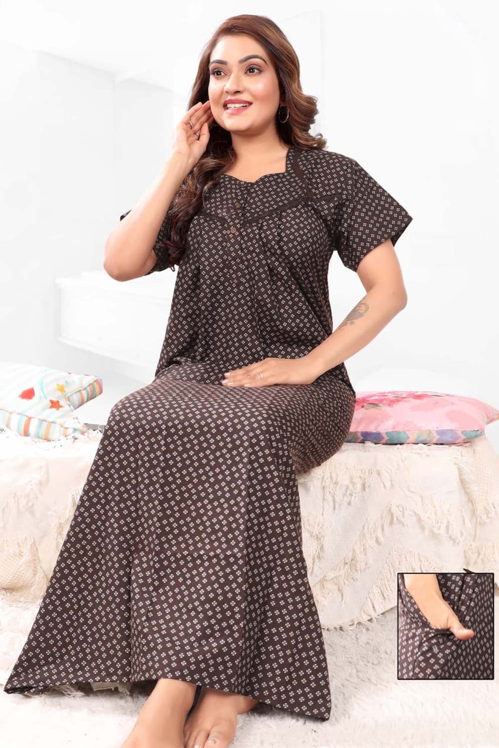 Naidu Hall Women’s Printed Pleated Nighty – Relax Fit Poly Viscose Full Length Nightwear with Round Neck | Comfortable Daily Wear - 3522