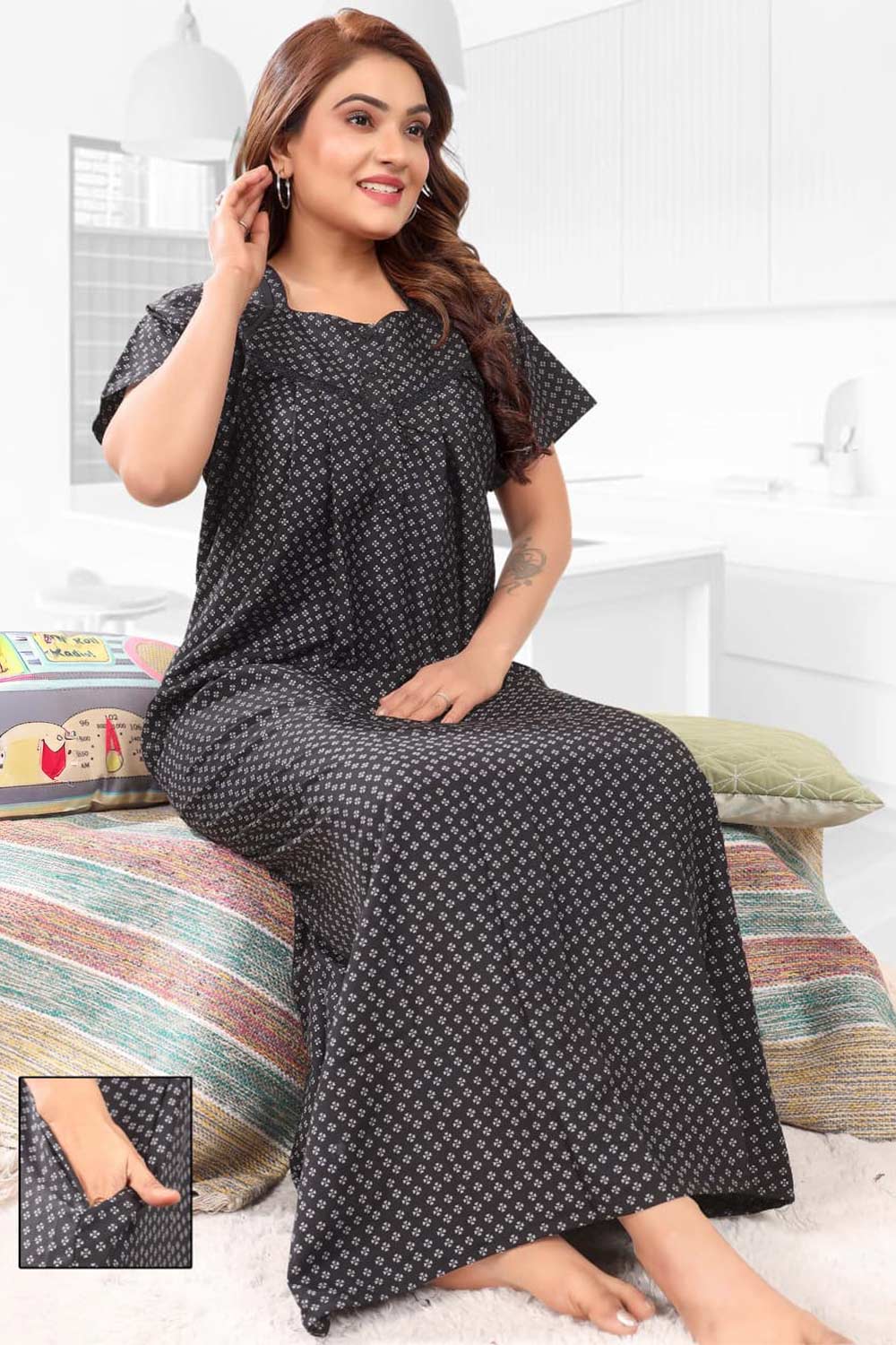 Naidu Hall Women’s Printed Pleated Nighty – Relax Fit Poly Viscose Full Length Nightwear with Round Neck | Comfortable Daily Wear - 3522