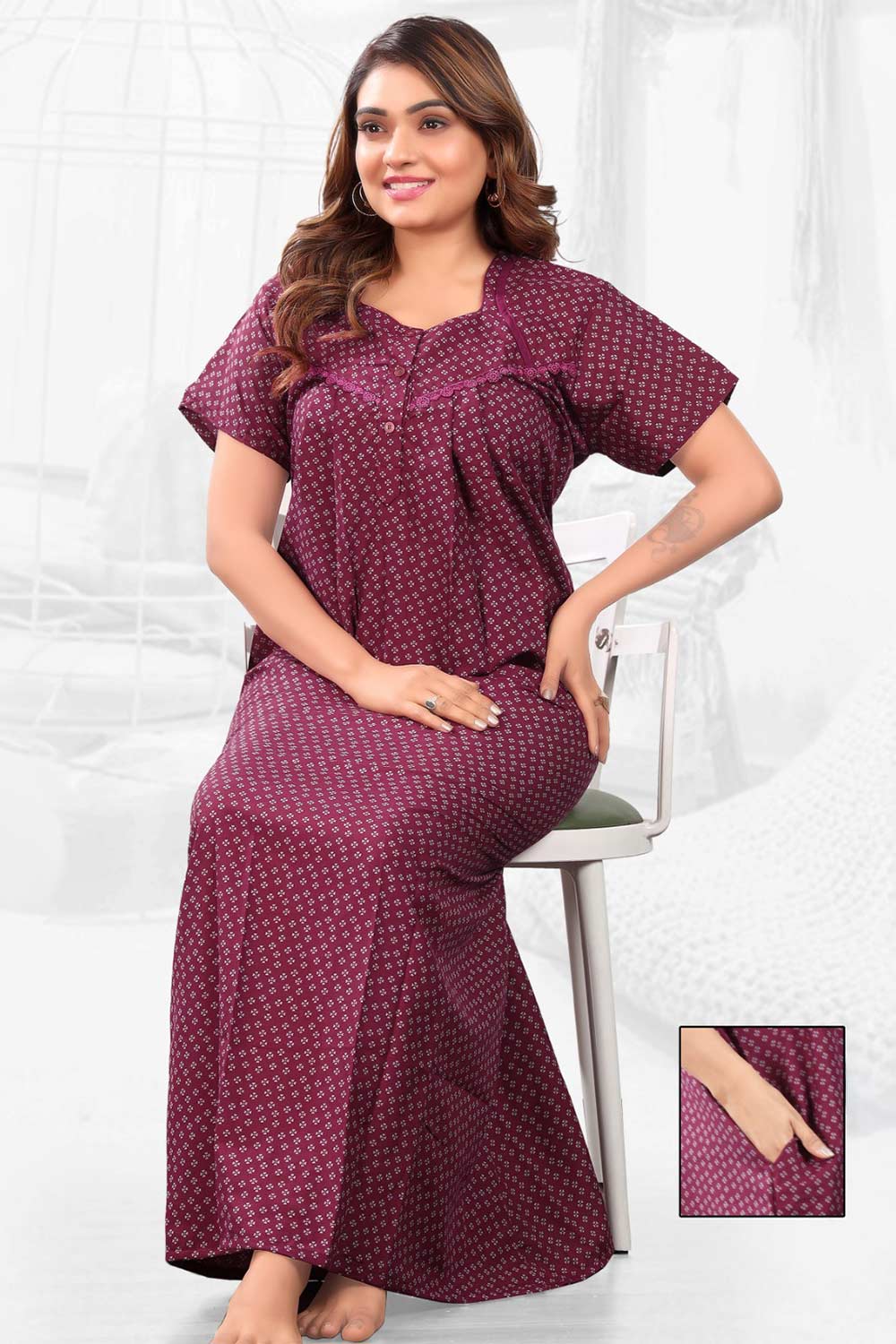 Naidu Hall Women’s Printed Pleated Nighty – Relax Fit Poly Viscose Full Length Nightwear with Round Neck | Comfortable Daily Wear - 3522