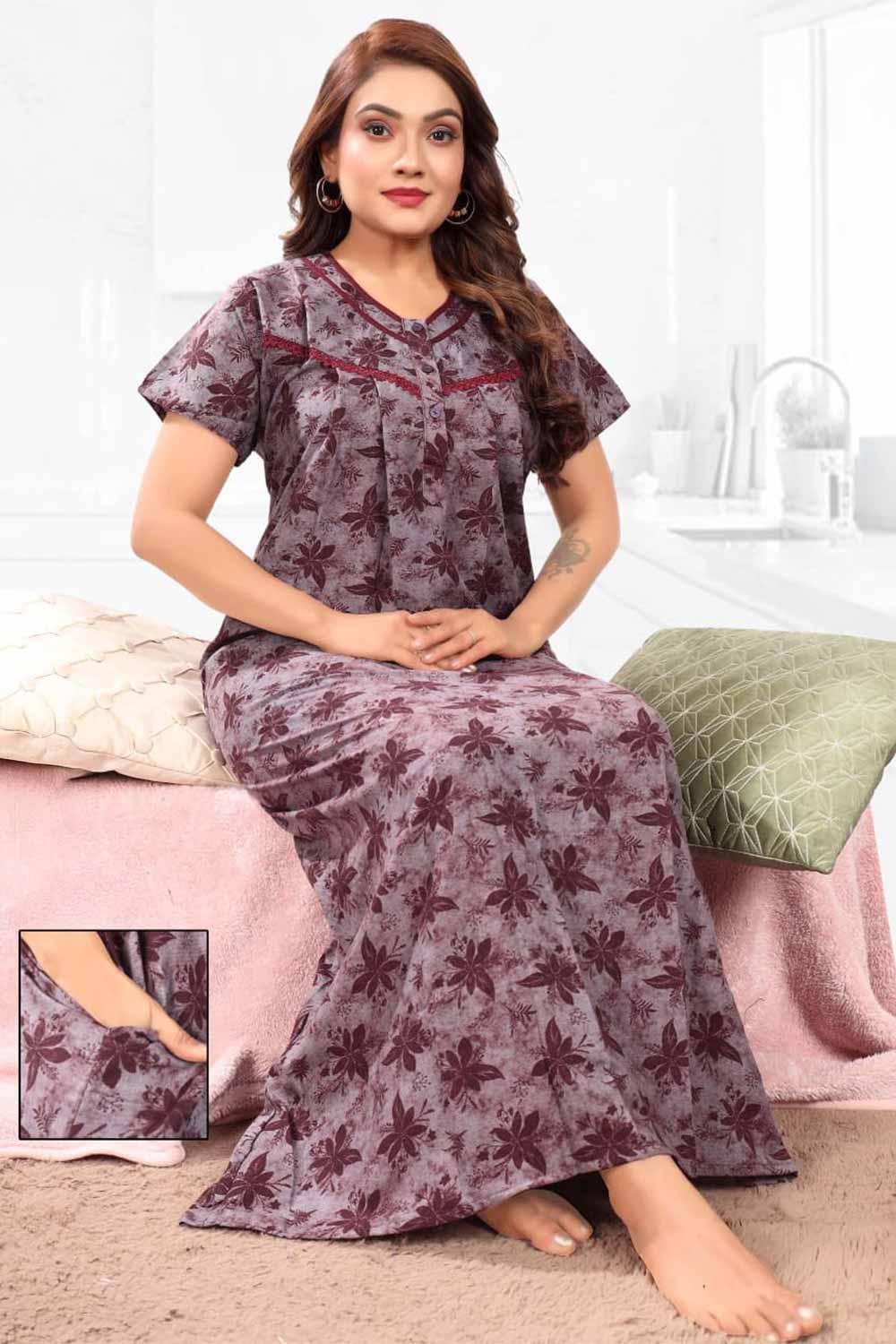 Naidu Hall Women’s Printed Pleated Nighty – Relax Fit Poly Viscose Full Length Nightwear with Round Neck | Comfortable Daily Wear - 3523
