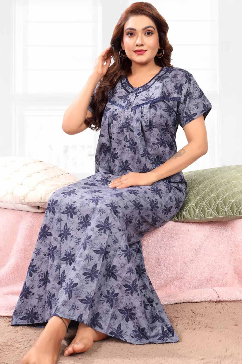 Naidu Hall Women’s Printed Pleated Nighty – Relax Fit Poly Viscose Full Length Nightwear with Round Neck | Comfortable Daily Wear - 3523