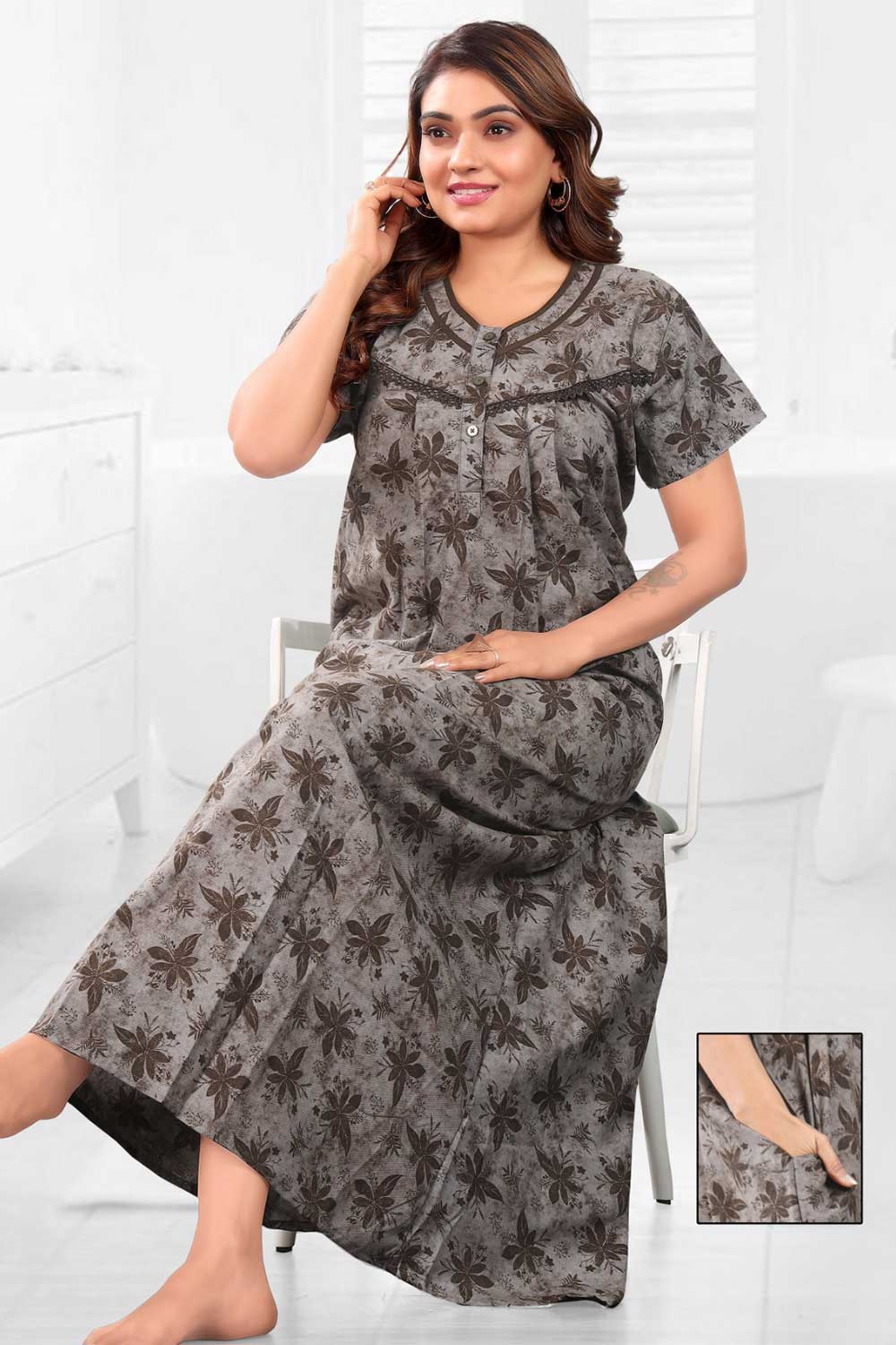 Naidu Hall Women’s Printed Pleated Nighty – Relax Fit Poly Viscose Full Length Nightwear with Round Neck | Comfortable Daily Wear - 3523
