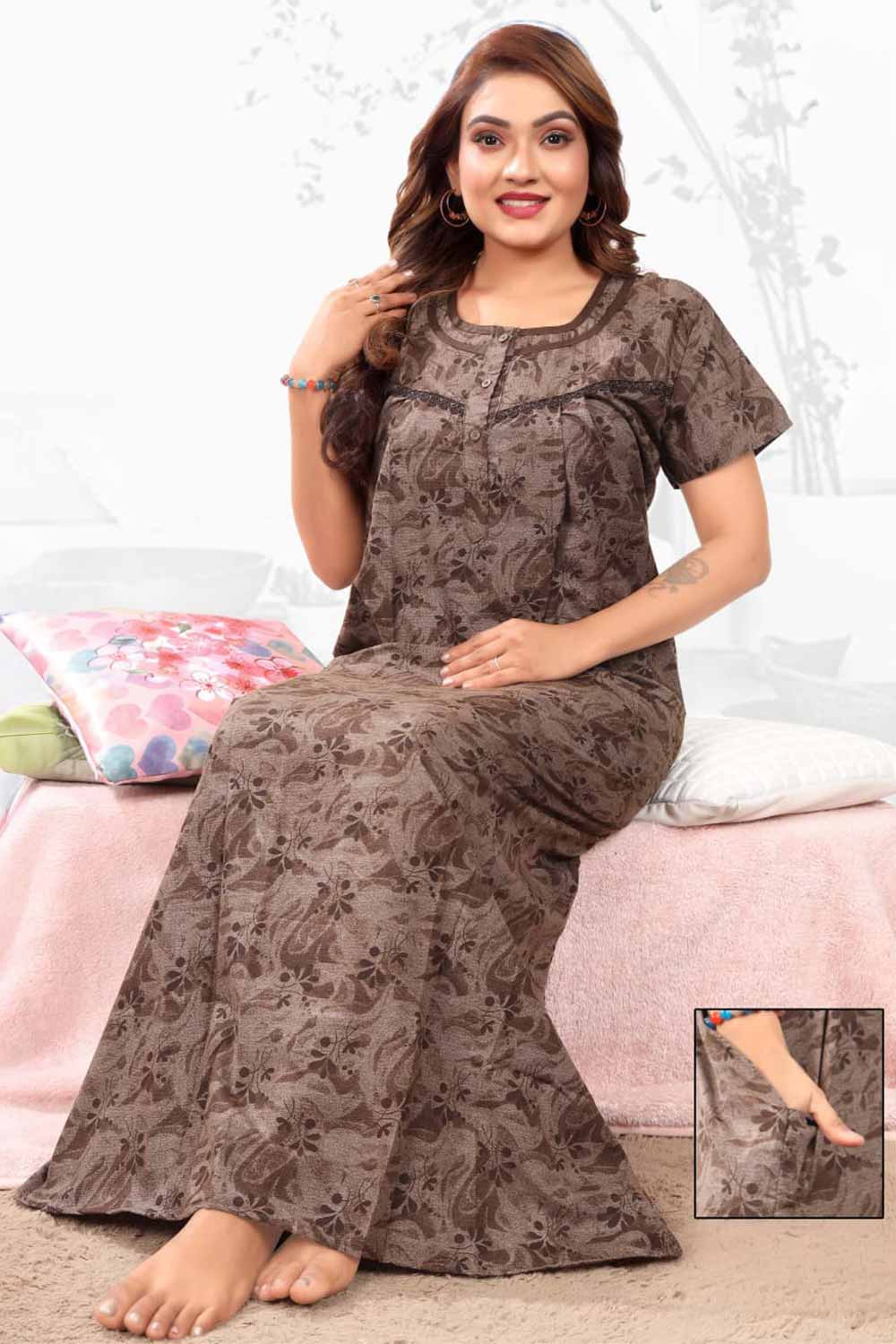 Naidu Hall Women’s Printed Pleated Nighty – Relax Fit Poly Viscose Full Length Nightwear with Round Neck | Comfortable Daily Wear - 3524