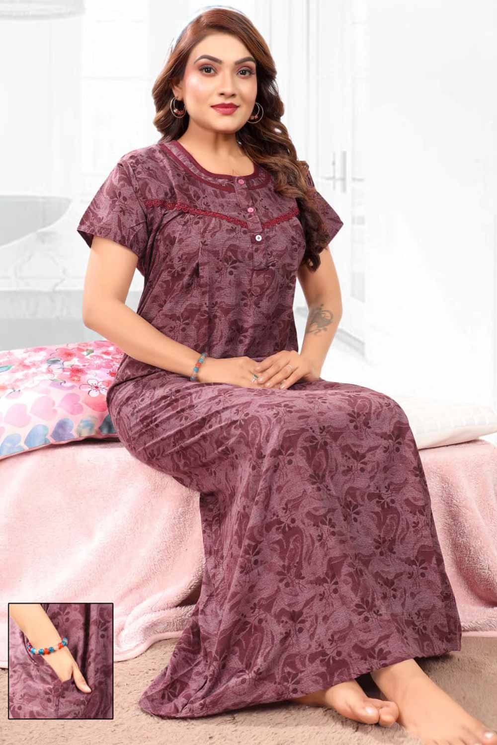 Naidu Hall Women’s Printed Pleated Nighty – Relax Fit Poly Viscose Full Length Nightwear with Round Neck | Comfortable Daily Wear - 3524
