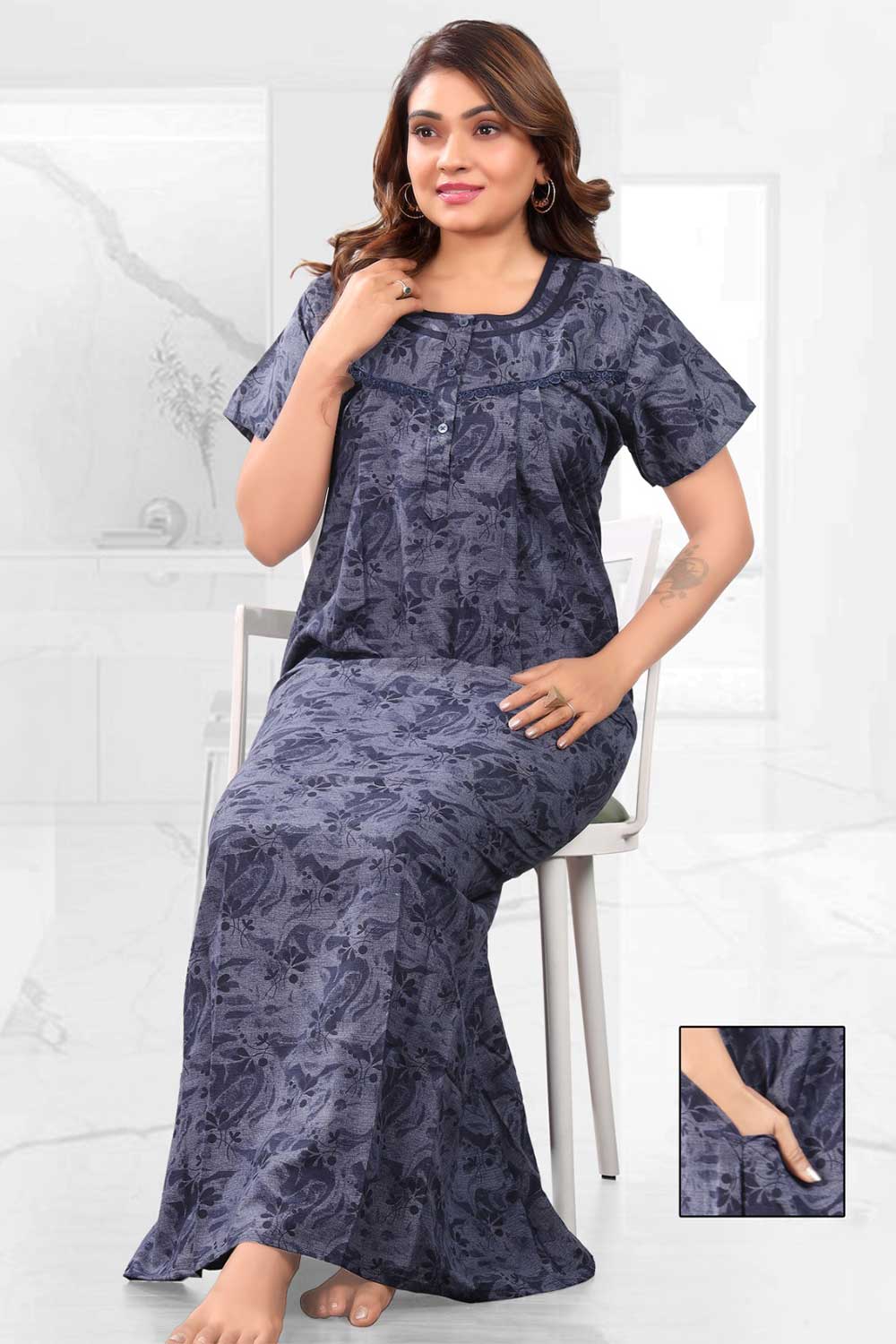 Naidu Hall Women’s Printed Pleated Nighty – Relax Fit Poly Viscose Full Length Nightwear with Round Neck | Comfortable Daily Wear - 3524