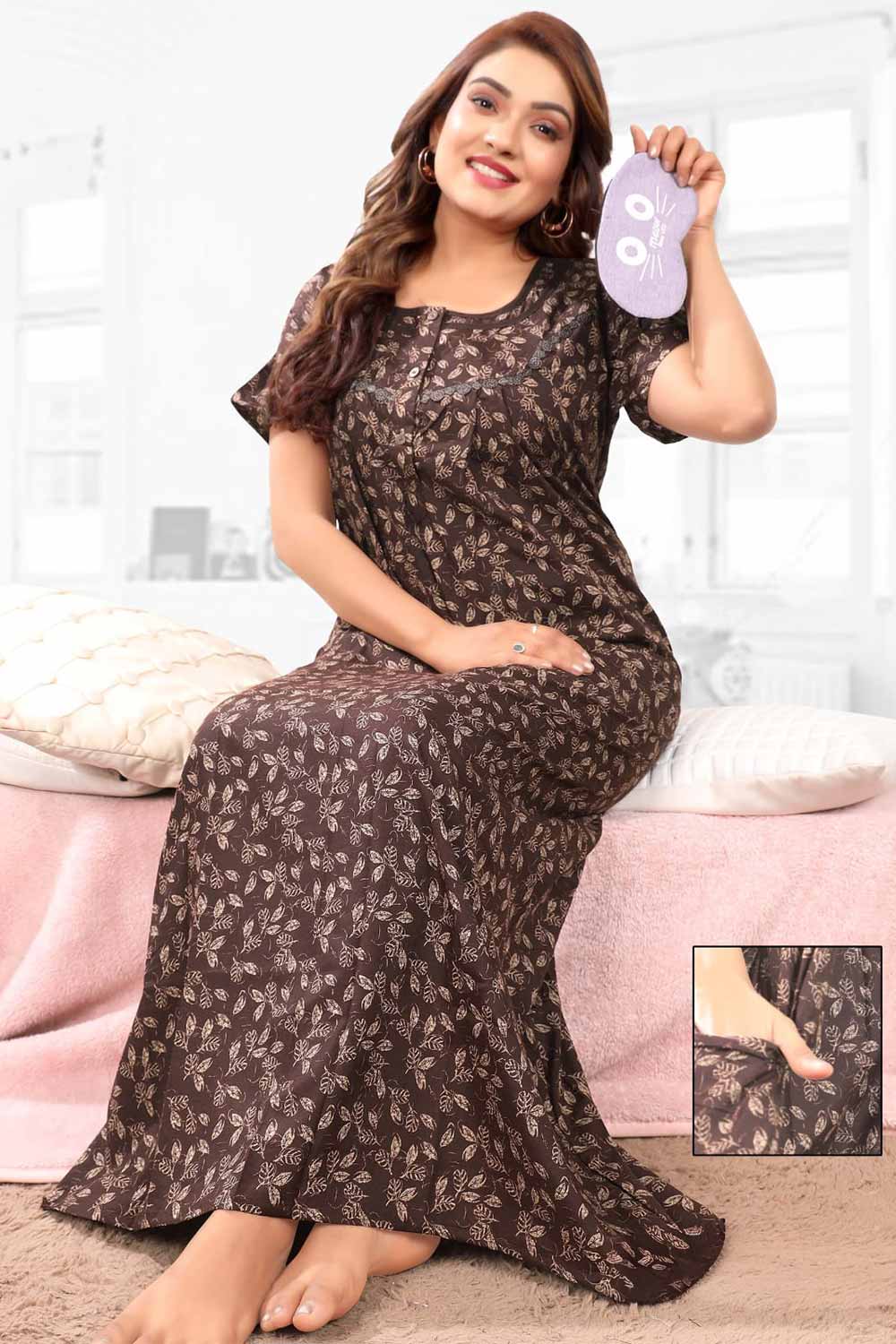 Naidu Hall Women’s Printed Pleated Nighty – Relax Fit Poly Viscose Full Length Nightwear with Round Neck | Comfortable Daily Wear - 3528