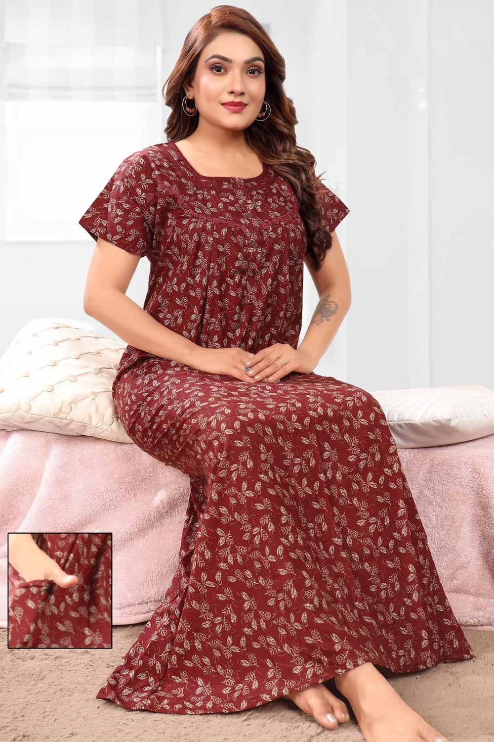 Naidu Hall Women’s Printed Pleated Nighty – Relax Fit Poly Viscose Full Length Nightwear with Round Neck | Comfortable Daily Wear - 3528