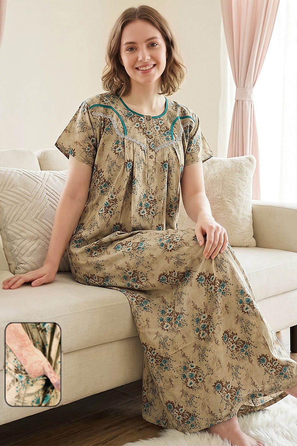 Women's Bizzy Lizzy Poly Viscose Printed Nighty | Round Neck Short Sleeve Full Length Night Gown for Women | Relax Fit Premium Sleepwear - 3532